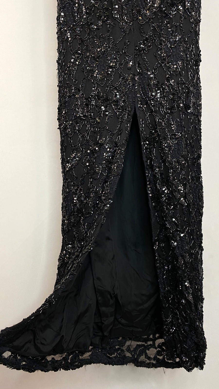 Vintage 1970s black beaded formal dress S pencil wiggle cape sleeve maxi flutter