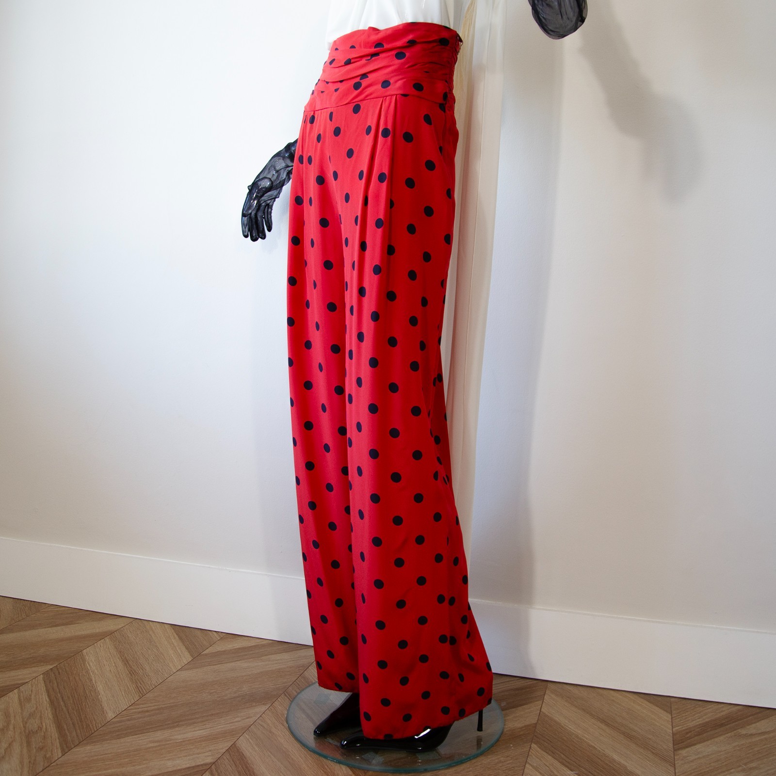 Vintage Dior Red Silk Black Polka Dot Wide Trousers NWT UK 8-10/US 4-6
