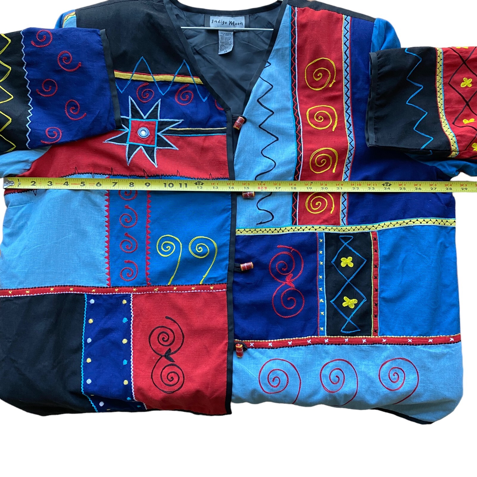 Vintage Indigo Moon Embroidered Patchwork Jacket Art to Wear Retro Abstract Boho