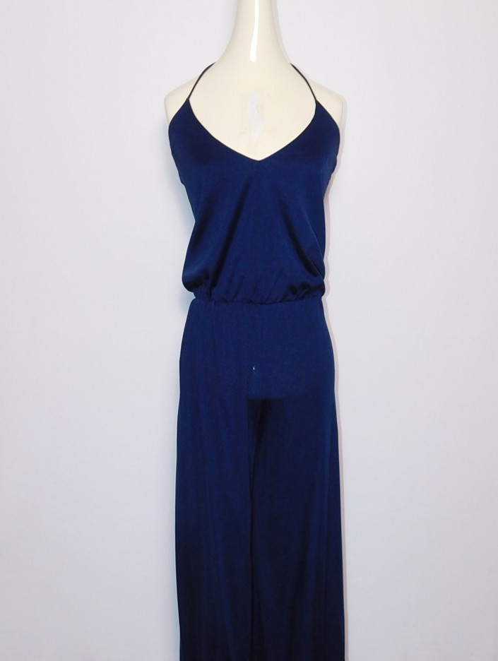 Vintage Women’s Snooty Hooty Navy Blue Wide Leg Evening Party Jumpsuit