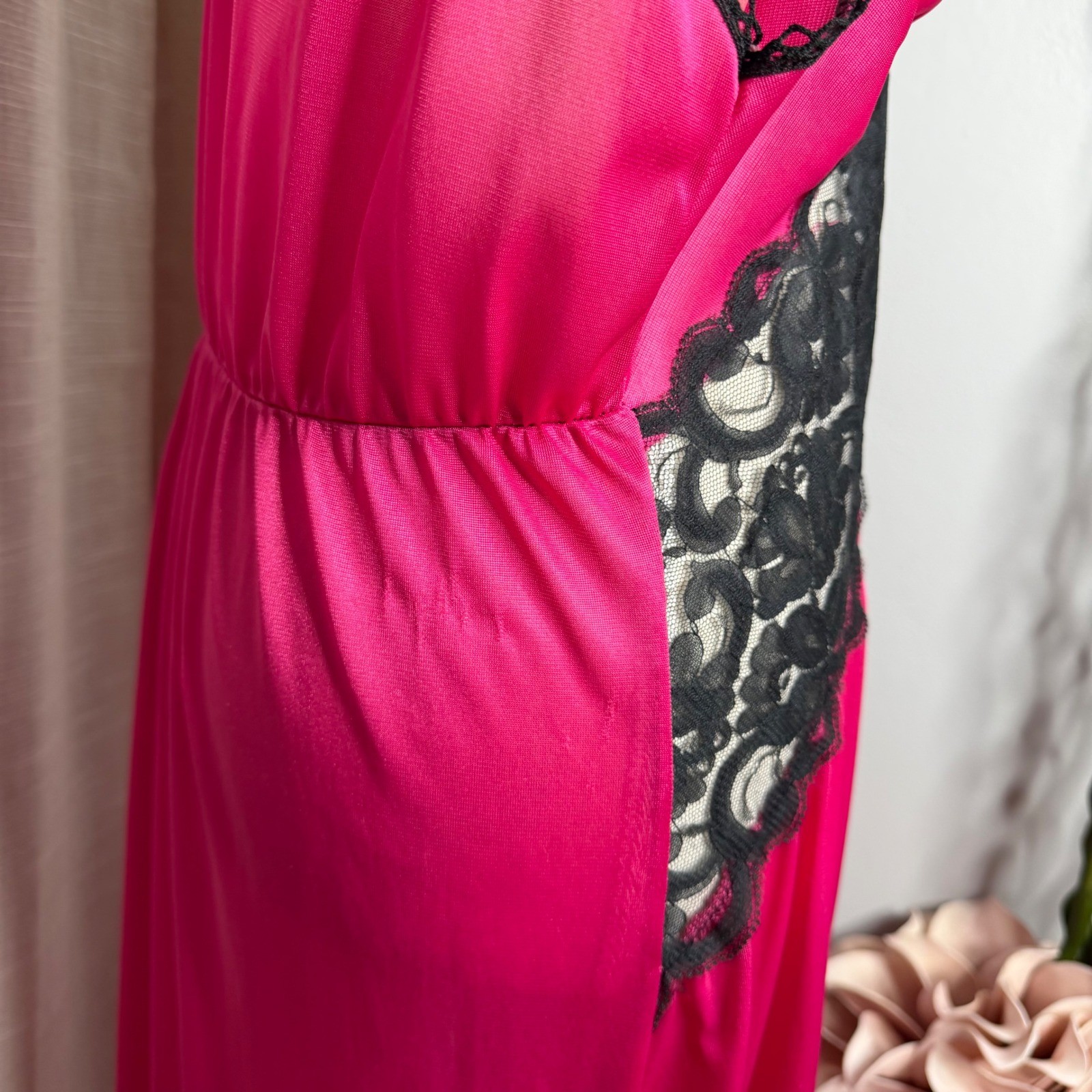 80s Vintage Spotlight Hot Pink Nylon Lace Maxi Nightgown Made in USA Plunge XL