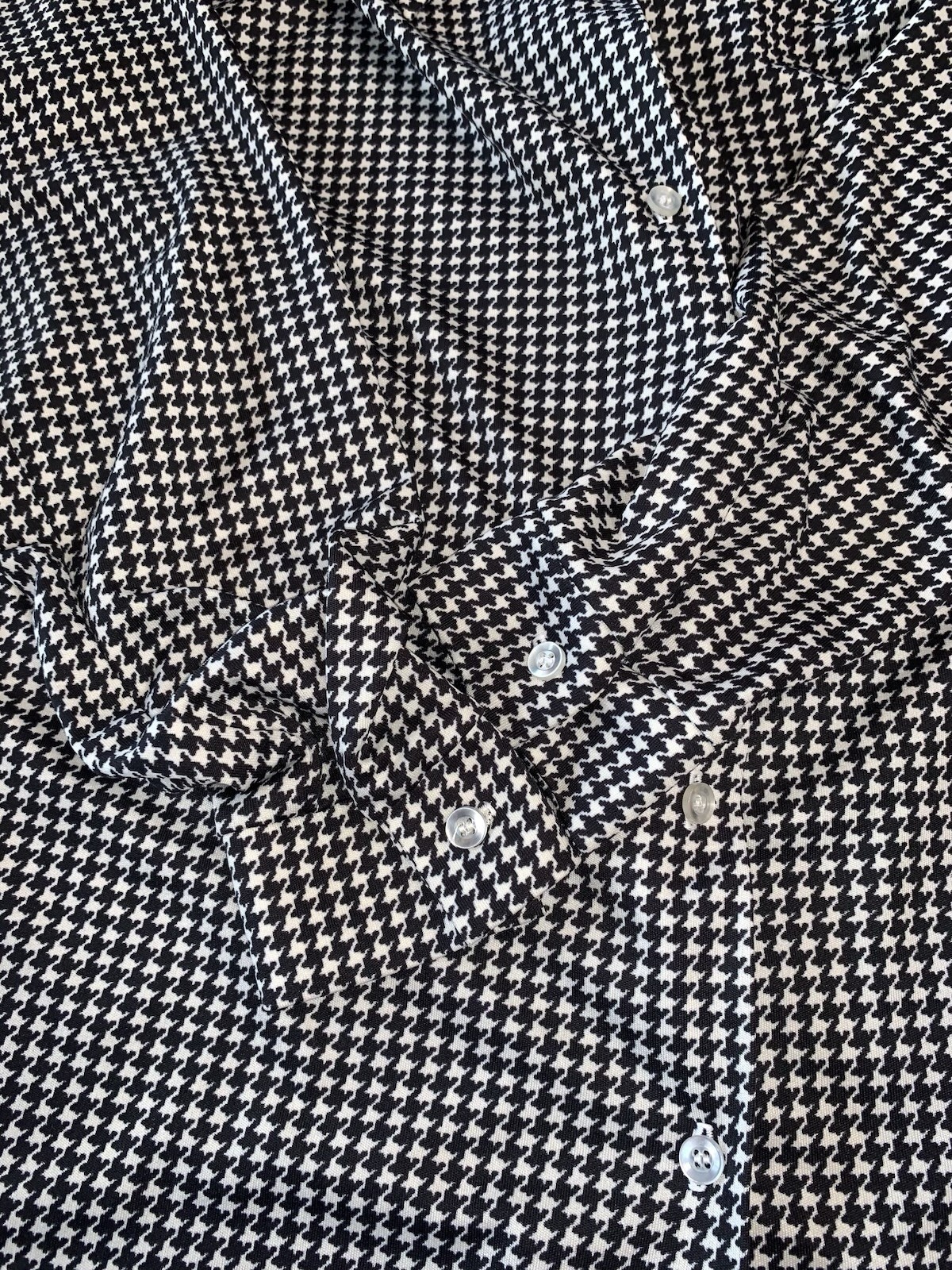 B6 80s Black White Houndstooth Button Front Blouse Long Sleeve Collared MEDIUM