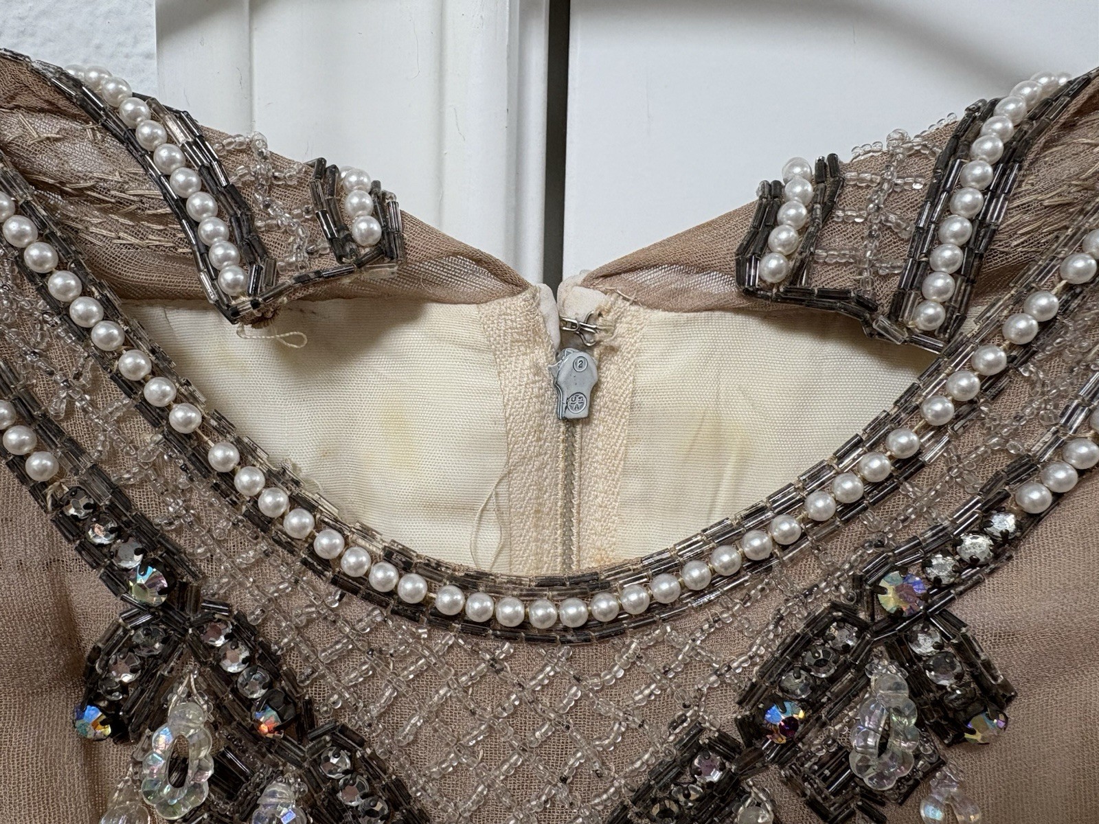 Vintage 60s Jack Bryan Ivory Beaded Pleated Ruffle Cocktail Dress Gatsby S/M