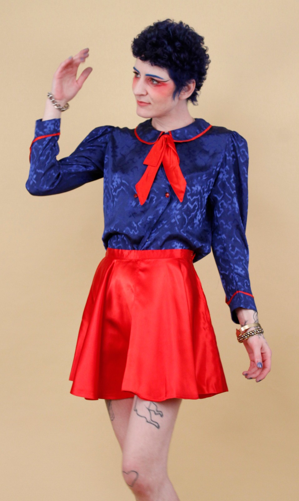 80s Vtg Blue Satin Sailor Moon Style Collar Blouse Shirt Button Up Nautical B34″