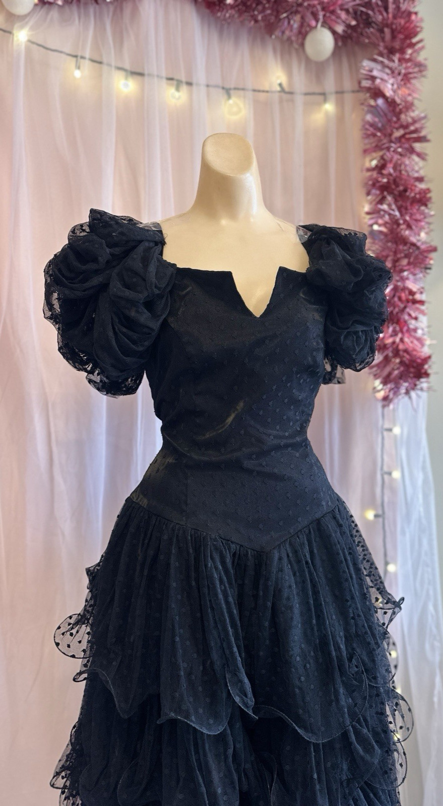 Vintage 80s Black Flamenco Style Dress Ruffles Sleeveless Party Formal S