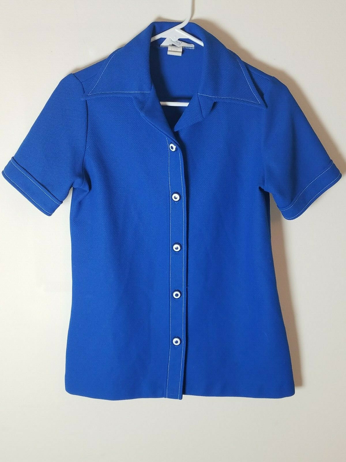 Vintage Sears 100% Polyester Blue Button Down Shirt Size 12 EUC Retro Mod