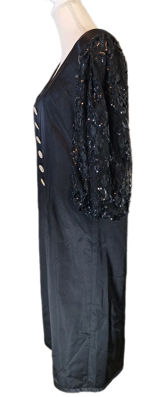 VTG BOB EVANS 100% Silk Sheath Cocktail Dress Sequin & Lace Balloon Sleeve Black