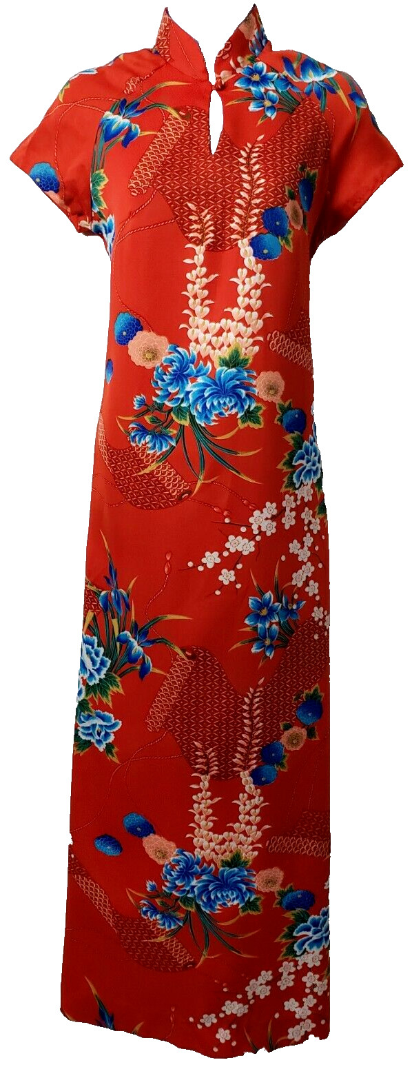 Hilo Hattie Hawaiian Dress 6 Maxi Asian Mandarin Collar Floral Red Vintage 70s