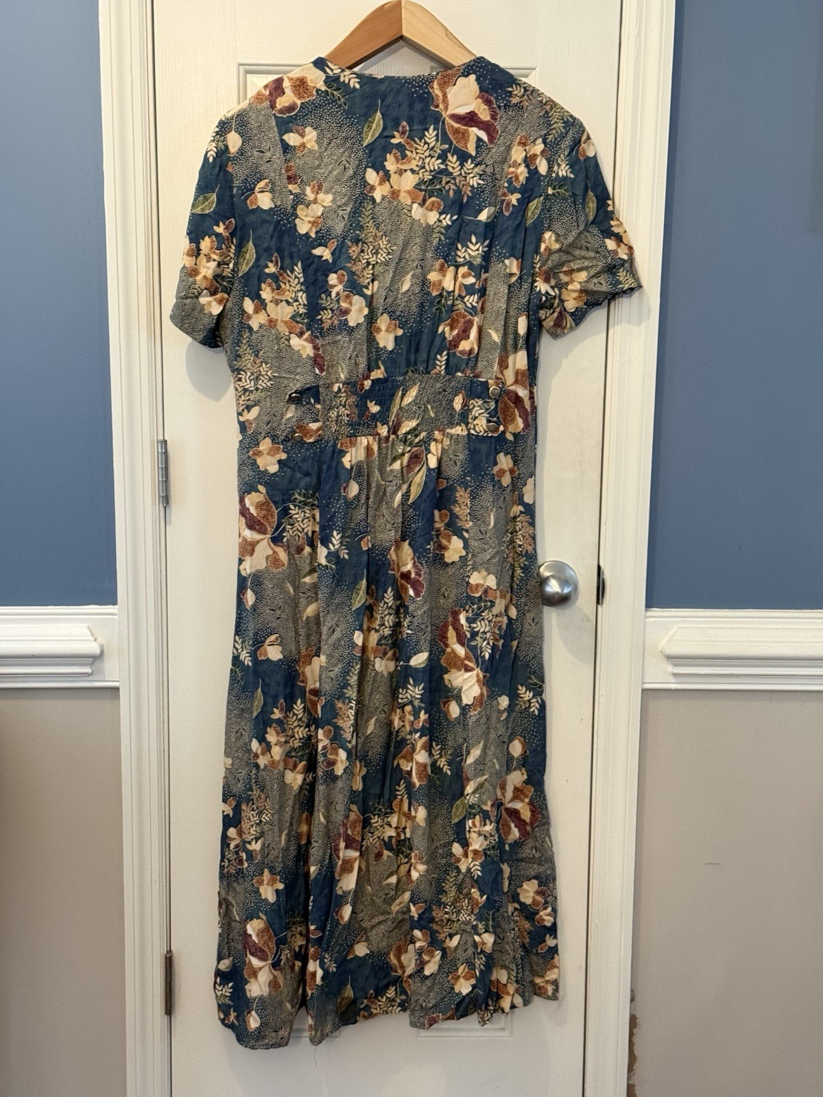 Betty Barclay Vintage Floral Maxi Cottage Button Dress Size 14 Tan blue Classy