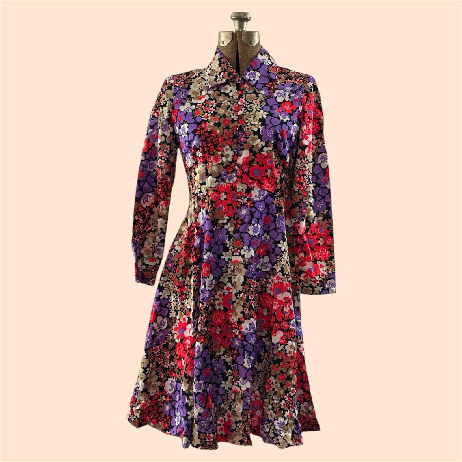 1970’s Flower Print Long Sleeve Button Dress by Avalon Classics Inc.