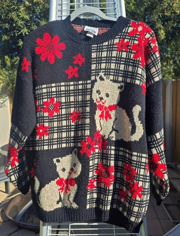 VTG 80s 90s Womans Classic Essentials „Smitten Kitten” Knit Sweater 3X Black Red