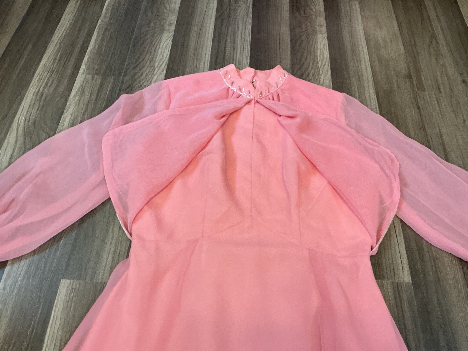 VTG 70’s Elgin Maxi Gown Dress Pink Chiffon Beadwork 5 Victorian Regencycore USA
