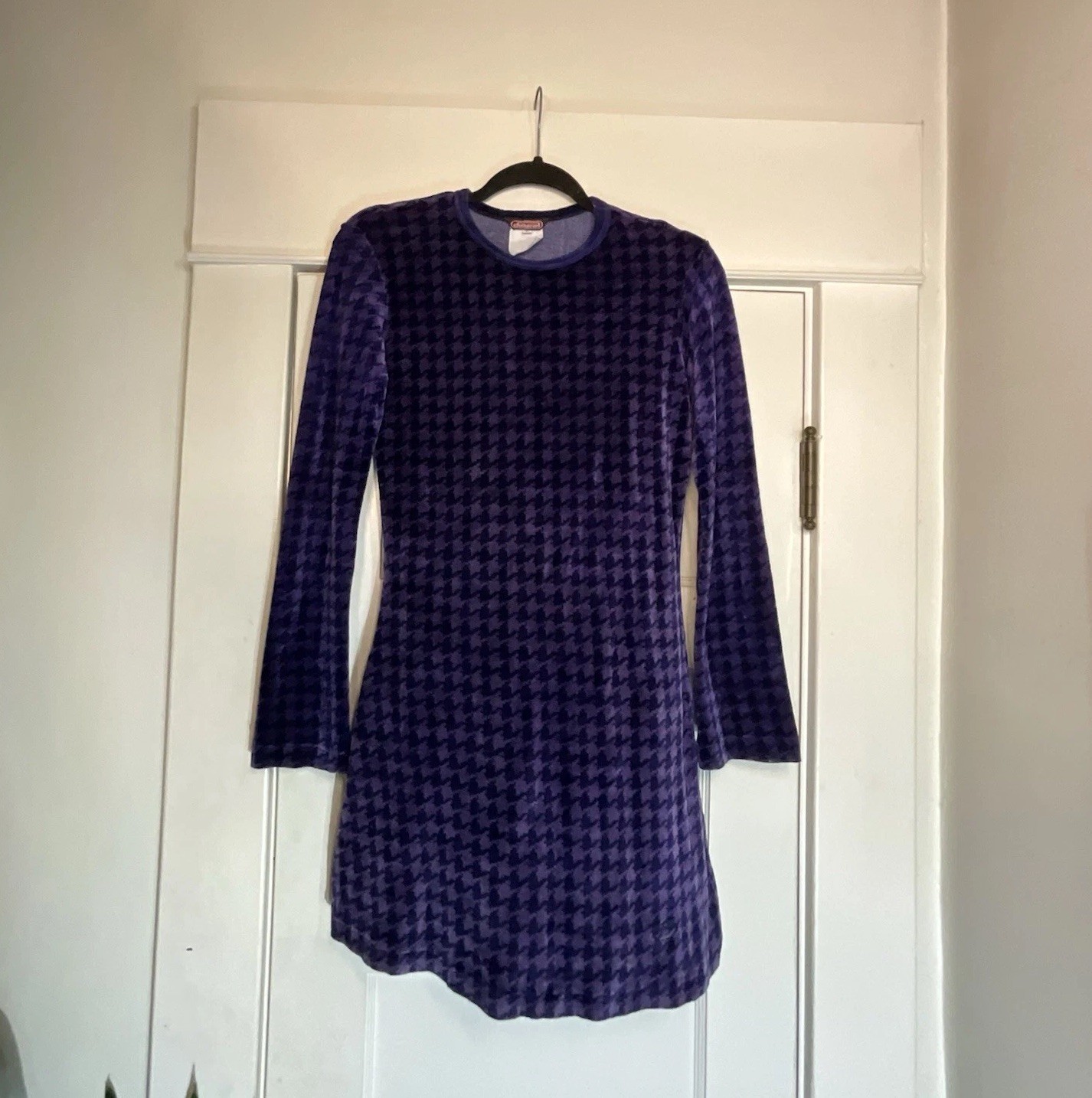 Vintage 90’s Diesel Velour Houndstooth Check Mini Dress Long Sleeve Size L RARE