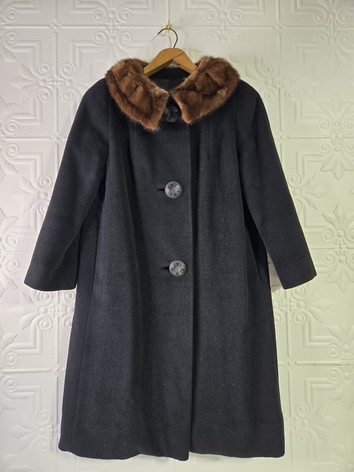 Vintage 40’s-60’s EINIGER Black Wool, Button-Down Fur Trim Collar Swing Coat