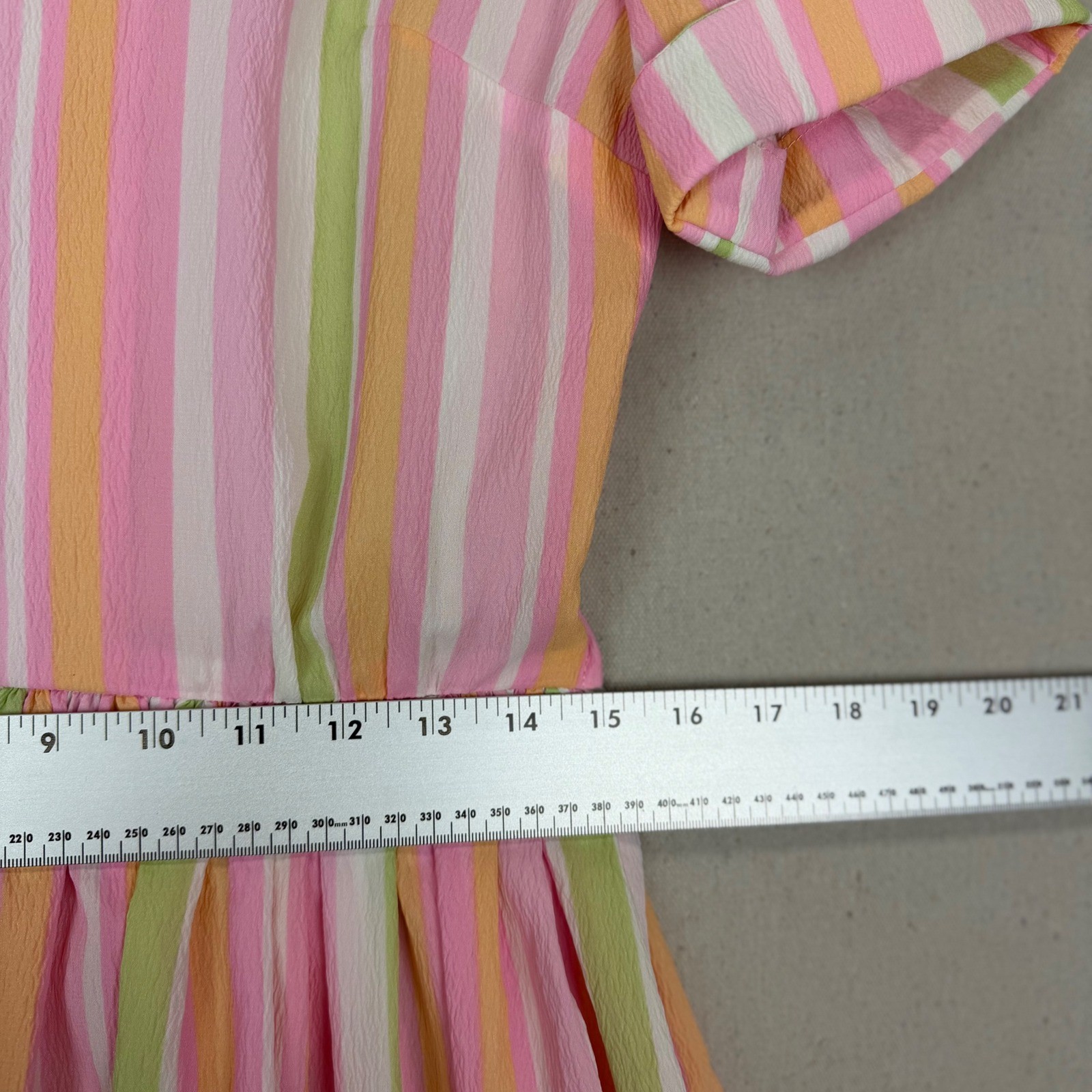 Vintage Pink Green Striped Fit & Flare Dress with Belt Short Sleeve Retro VTG