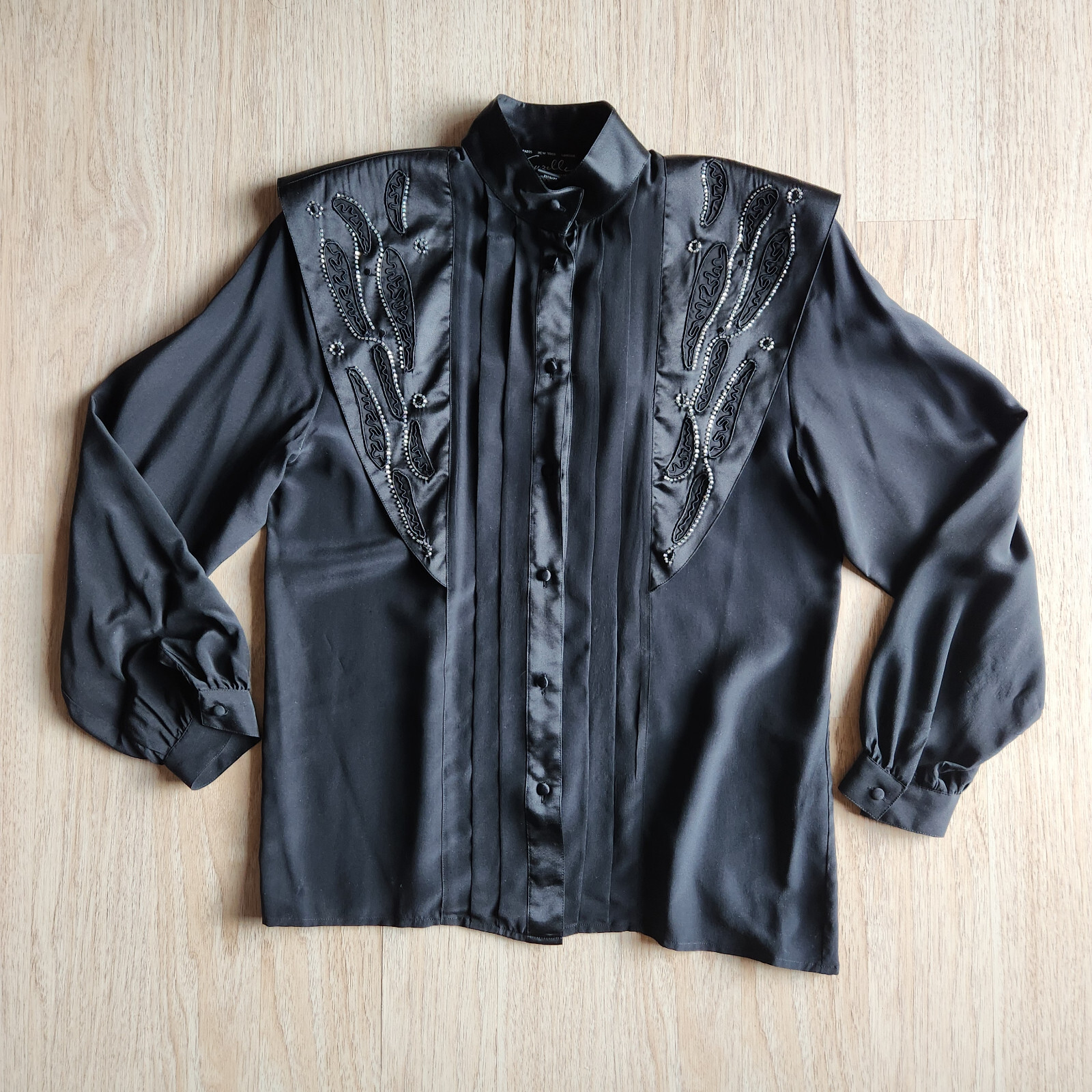 Vintage Suzelle Silk Satin Beaded Blouse High Neck Button Long Sleeve Black Sz.8