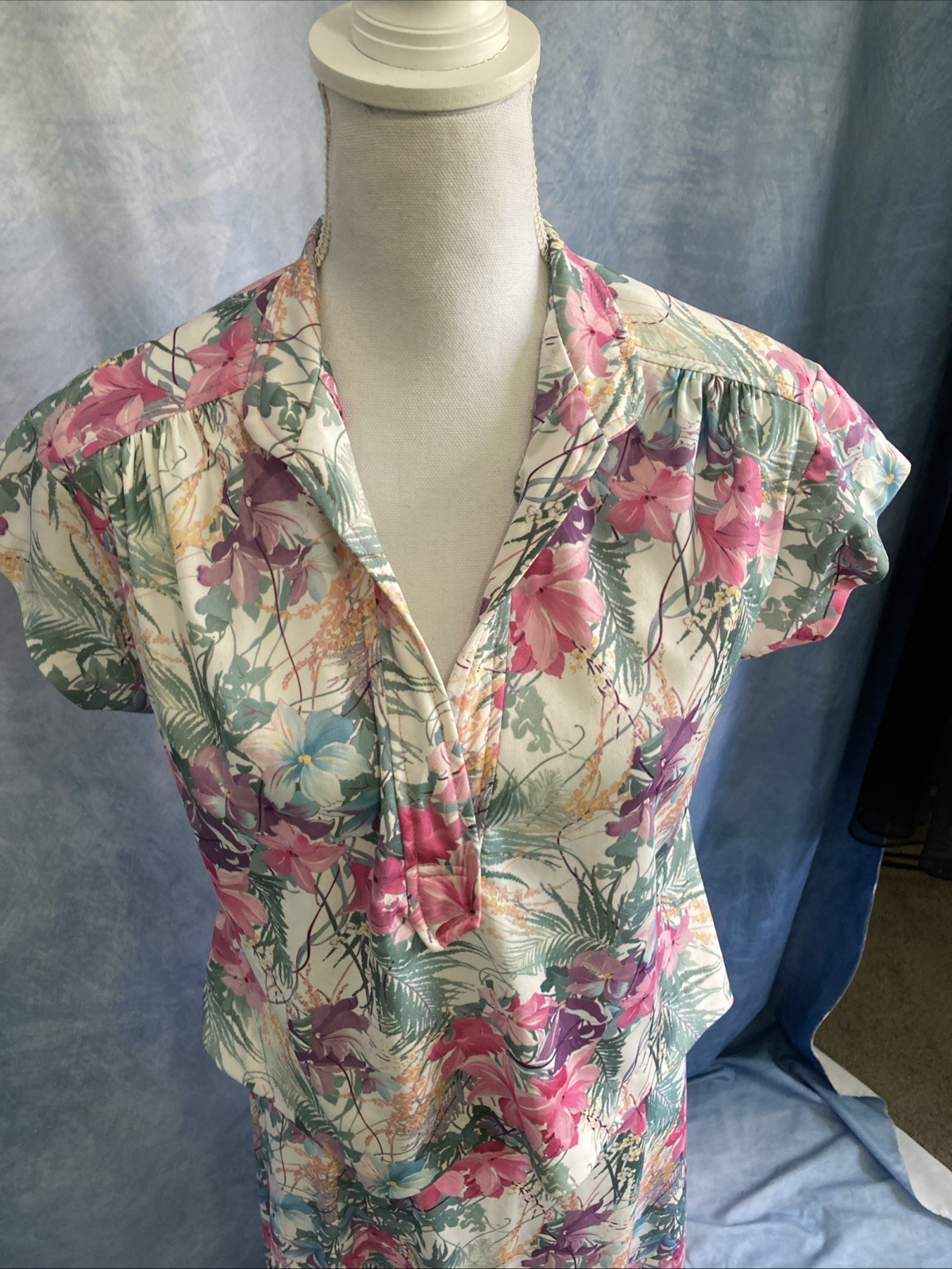 Vtg 80s Cottagecore Floral Skirt Set 2pc Popover Flutter Sleeve Secretary XS S