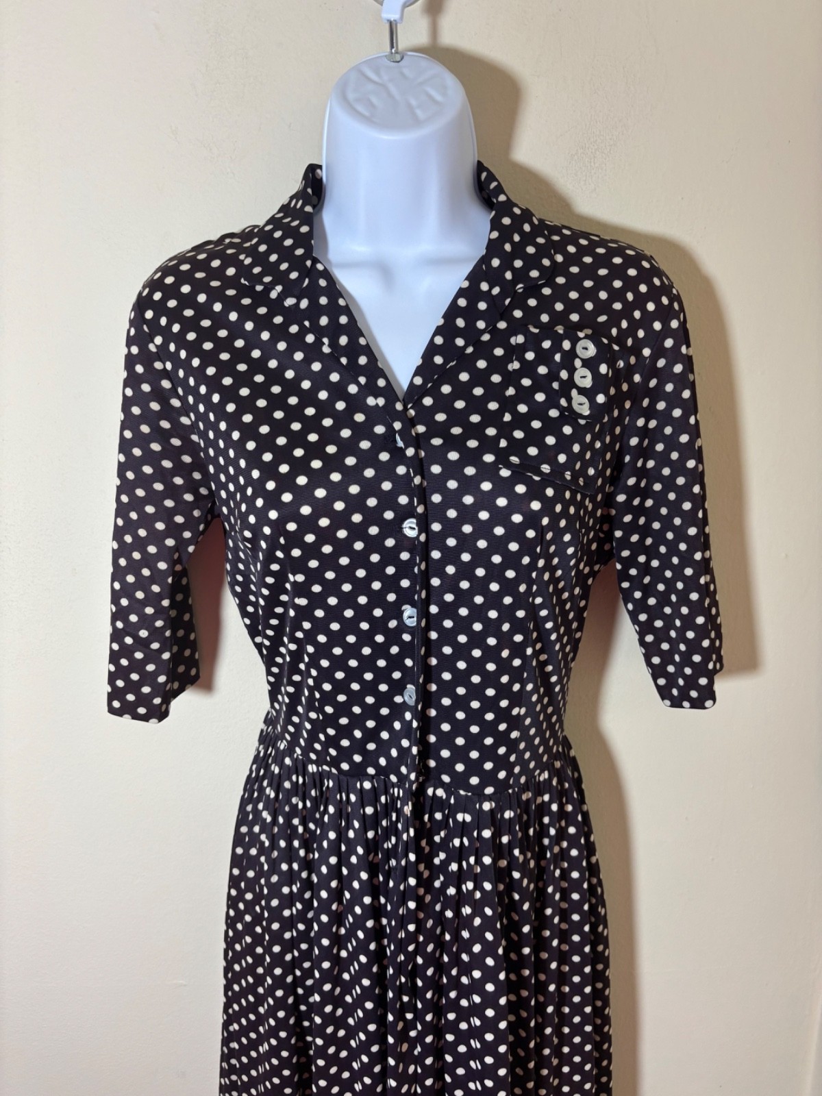 Vtg 50s Shirt Dress S Polka Dot Fit Flare Pinup Retro Rockabilly Button Pocket