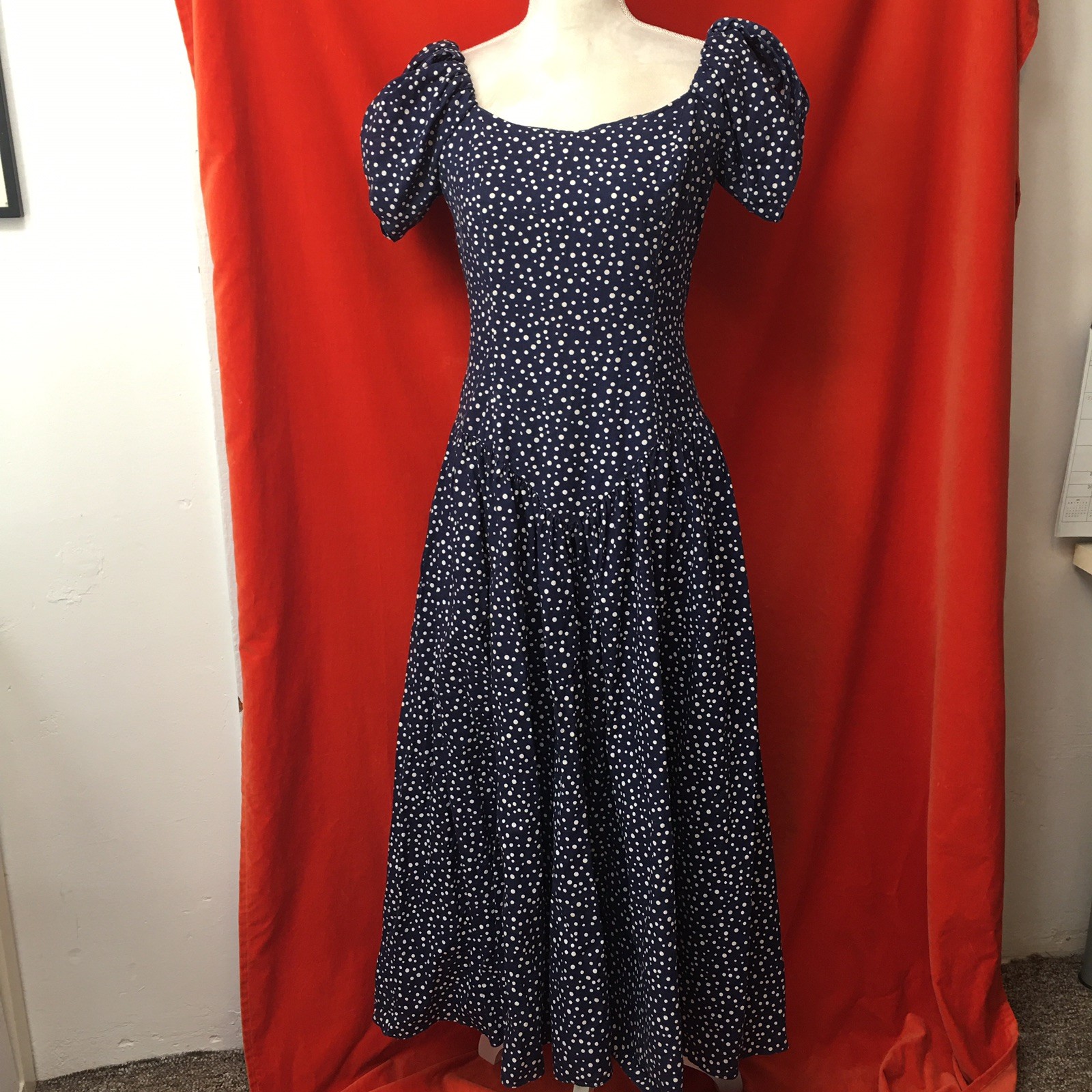 Loralie vintage 80s drop waist midi dress blue polka dot size 12 fits 8