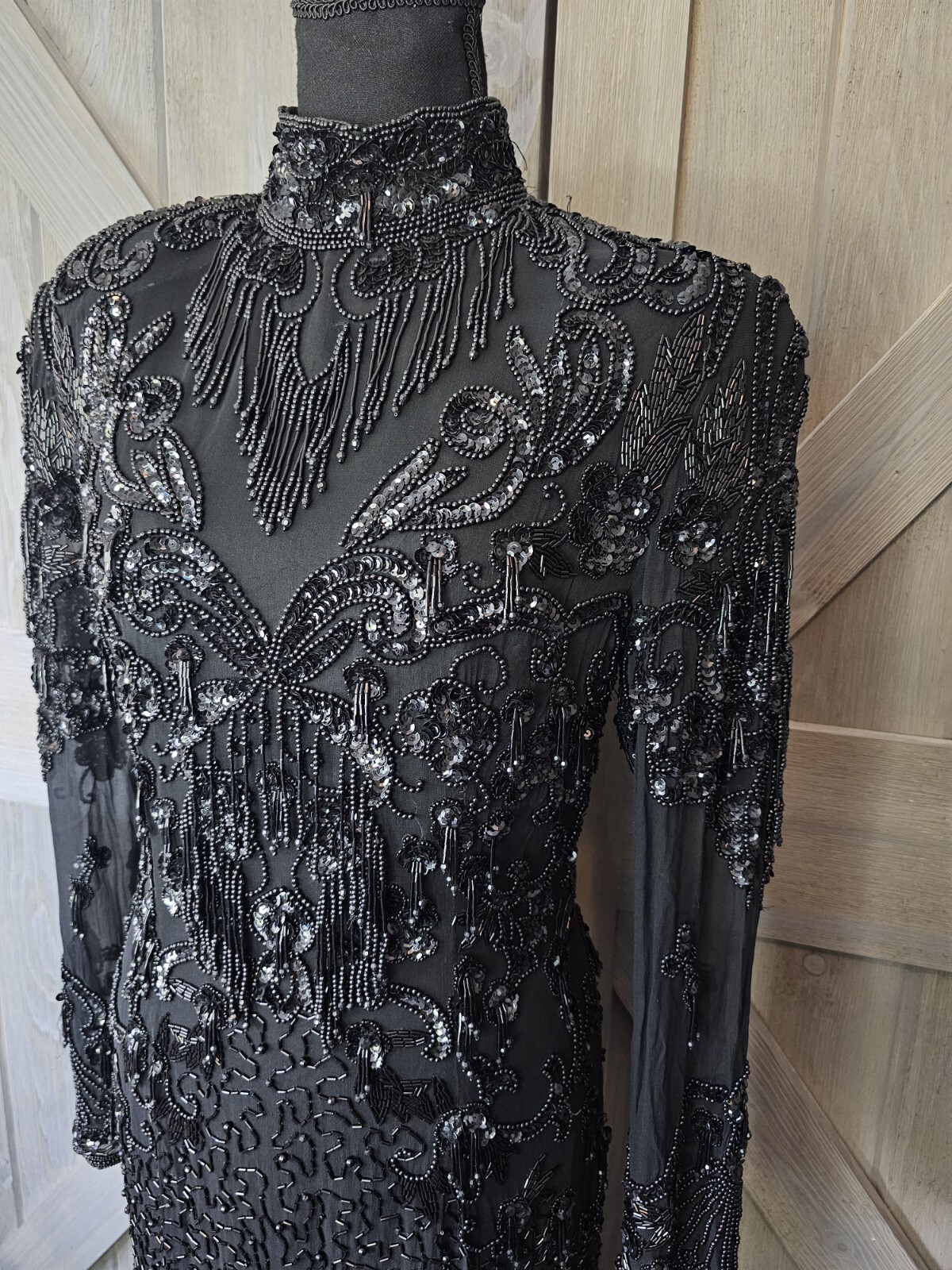 1980s D’ore Silk Sheer Beaded Dress sz 10