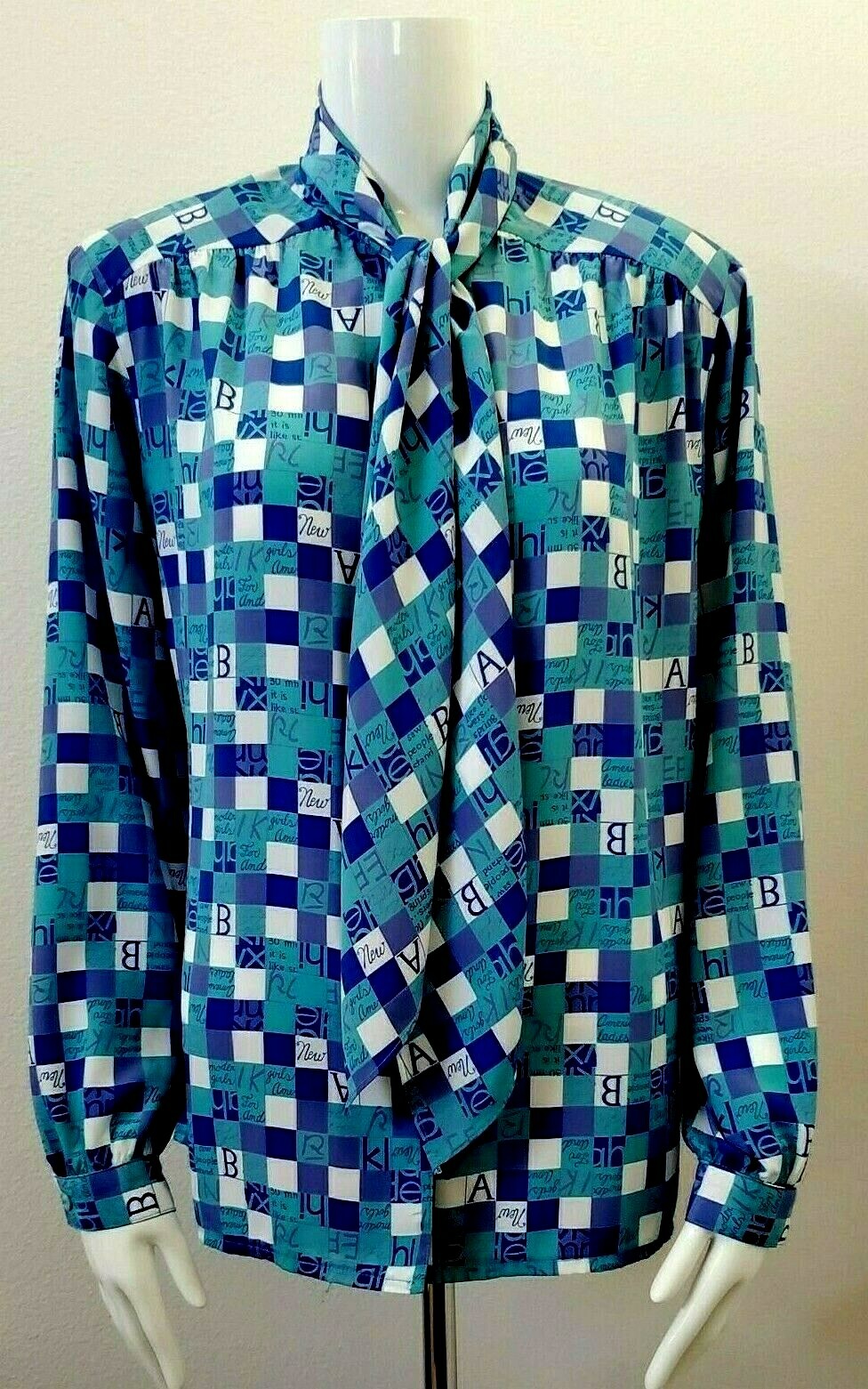 Vintage DA RUE of CALIFORNIA 90s Blue White LS Blouse with SHOULDER PADS SZ 12