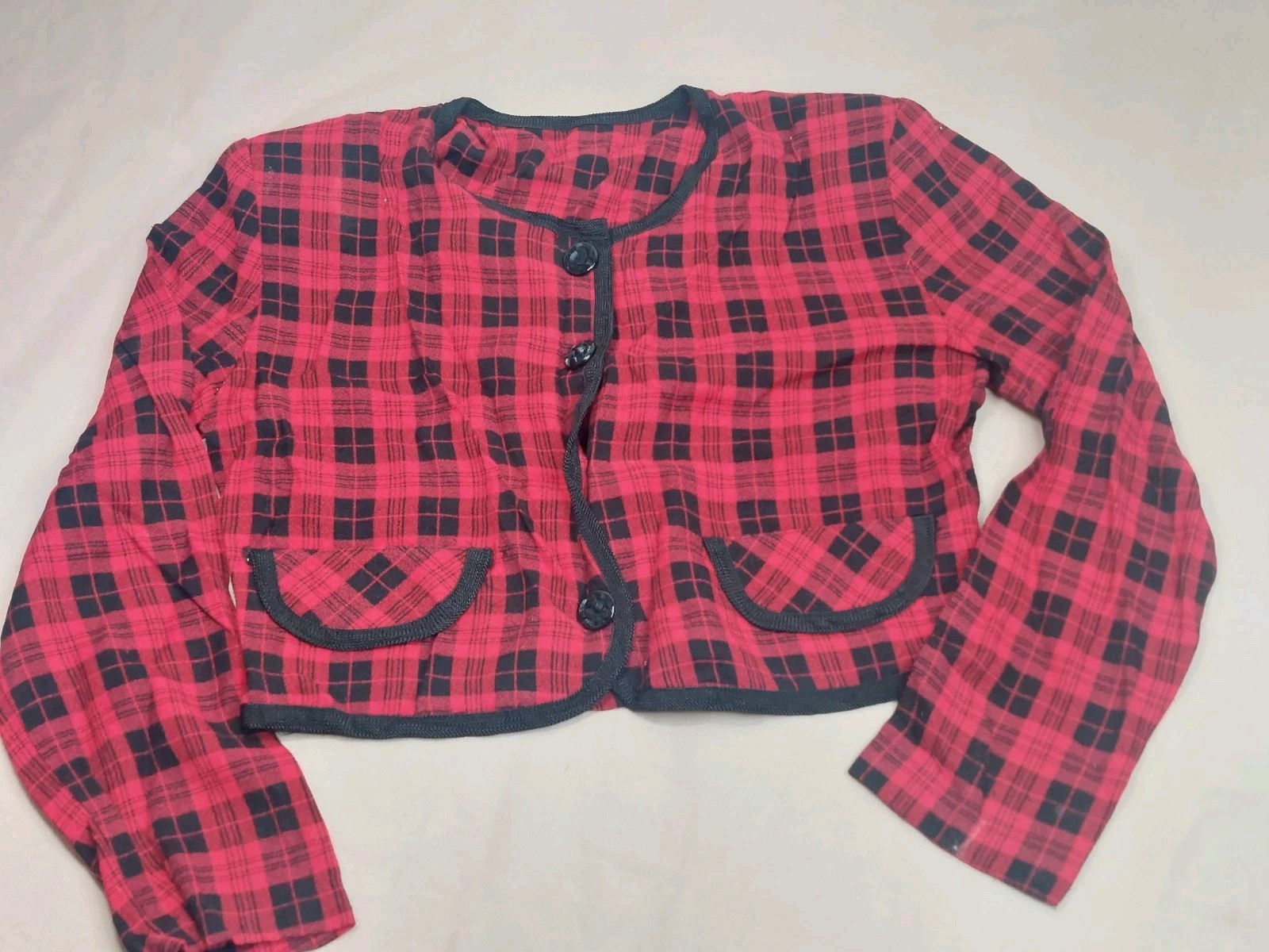 True Vintage 80s 90s Red Black Plaid Crop Top Long Shirt Grunge Y2K Academia