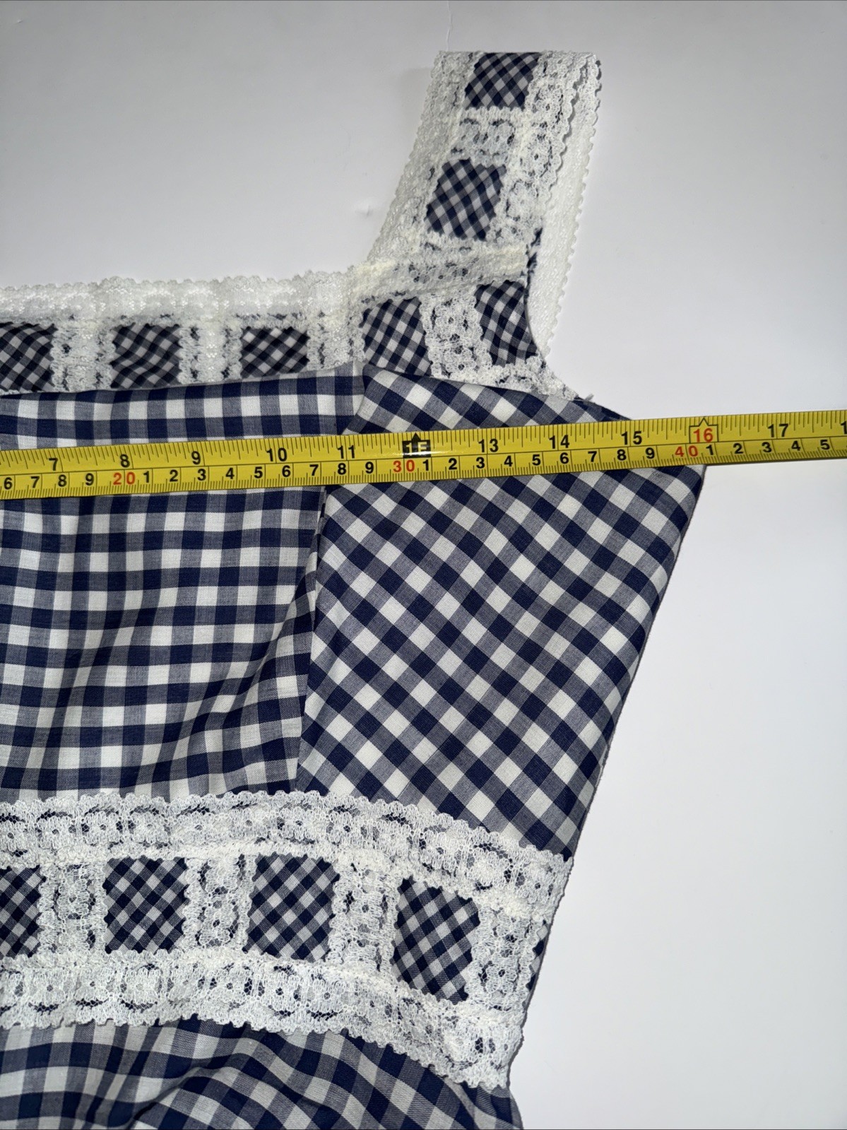 70s VTG Maxi Dress Blue White Gingham Lace Tiered Prairie CottageCore Unique