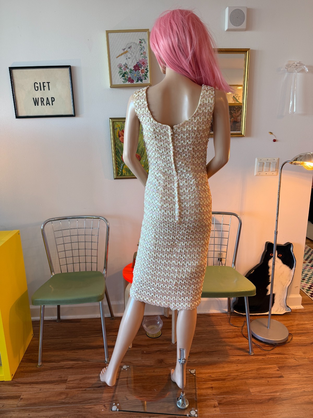 💖 Vtg 50s Pink White Sequin Knit Pinup Bombshell Bodycon Glimmer Dress S M