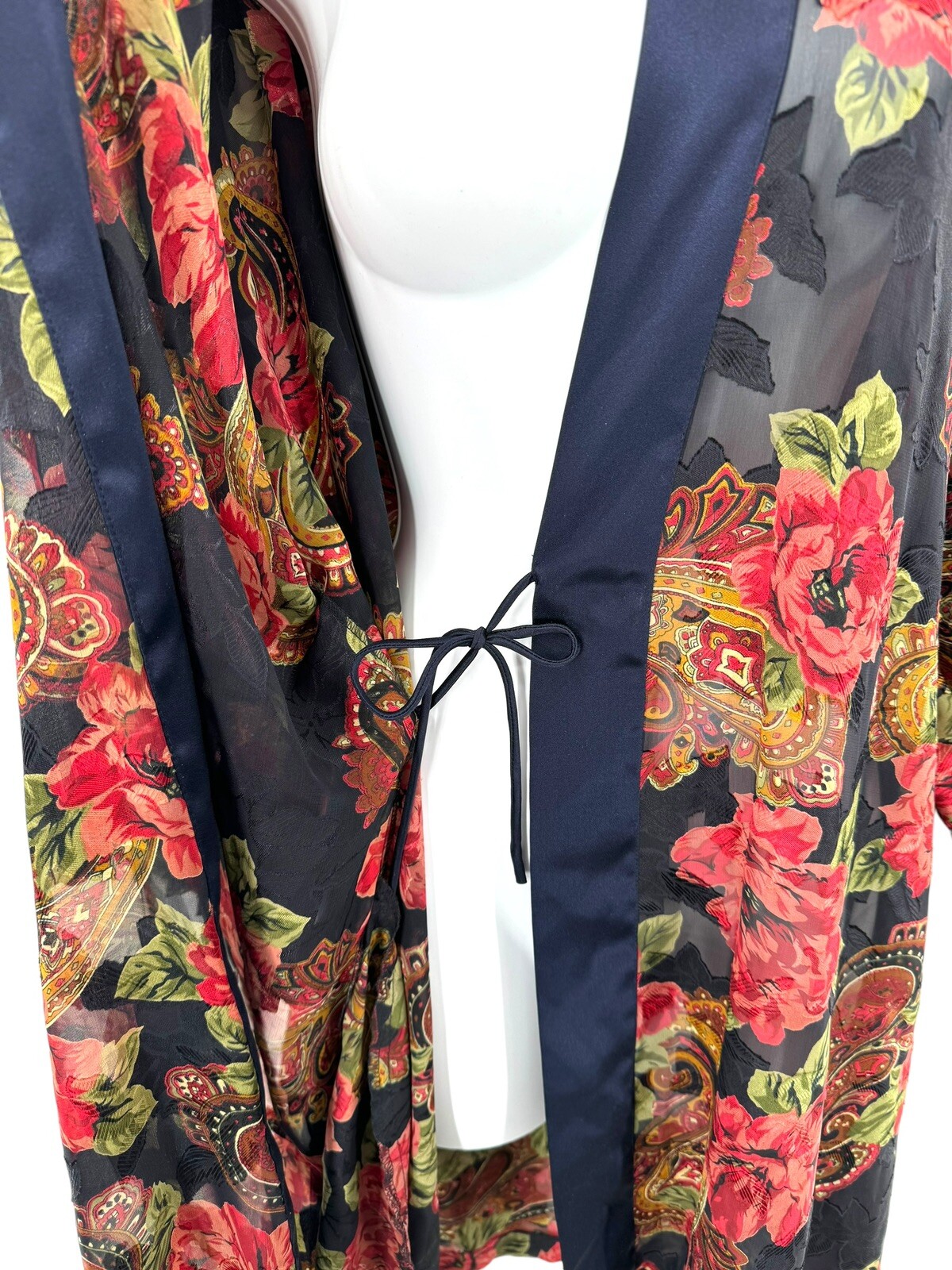Vintage 80s VS Gold Label Poly Chiffon Floral Brocade Jacquard Kimono Robe