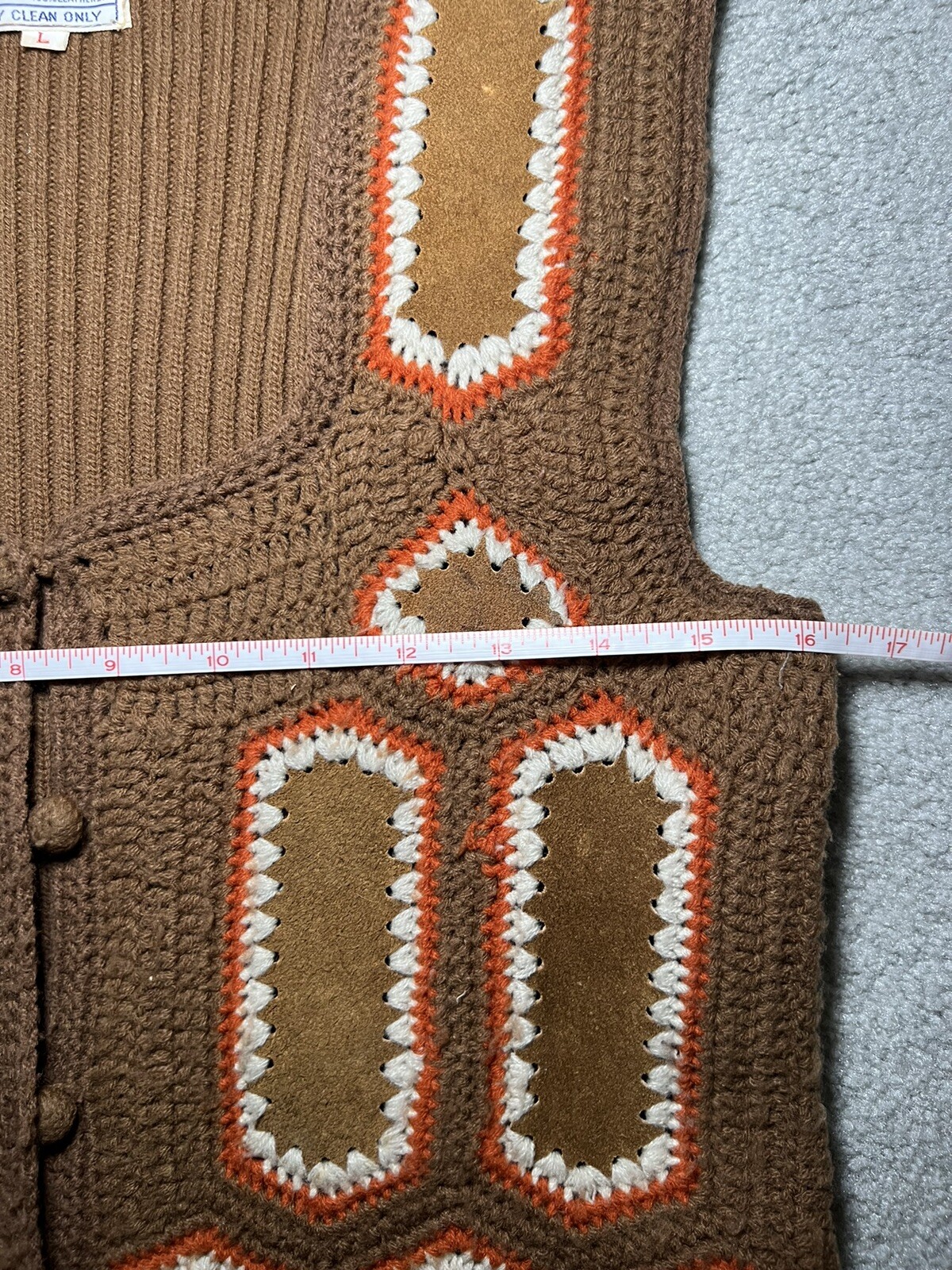 True Vintage Retro 70s Leather Patch Crochet Knit Vest by Aware Size Large
