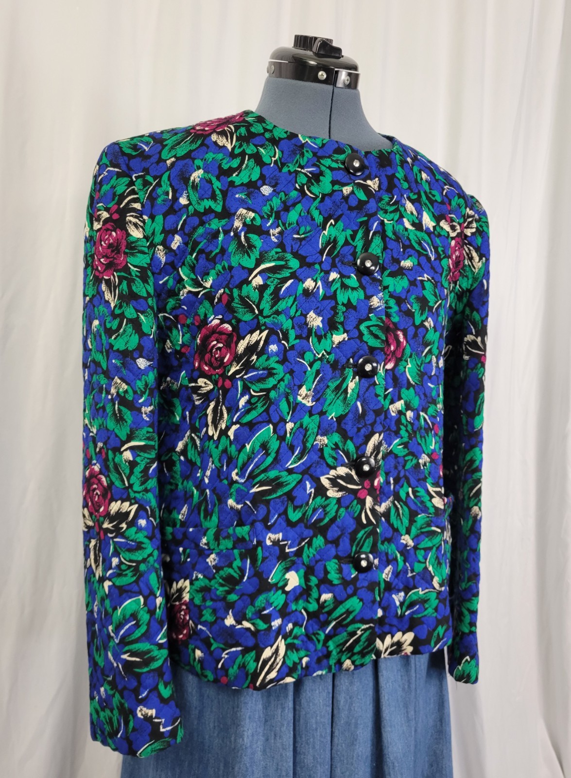 Vtg Stephen Douglas Ltd Blue & Green w Purple Flowers Quilted Jacket Size 14