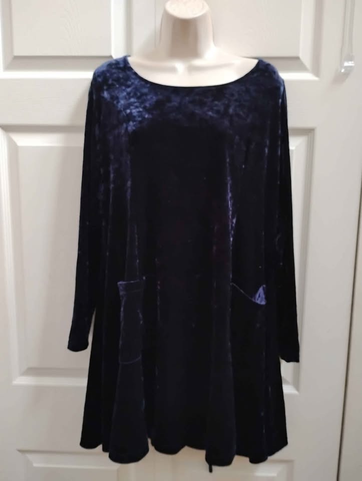 MODA INT’L Women’s Large A-Line Dress Blue Crush Velvet Long Sleeves Pockets VTG