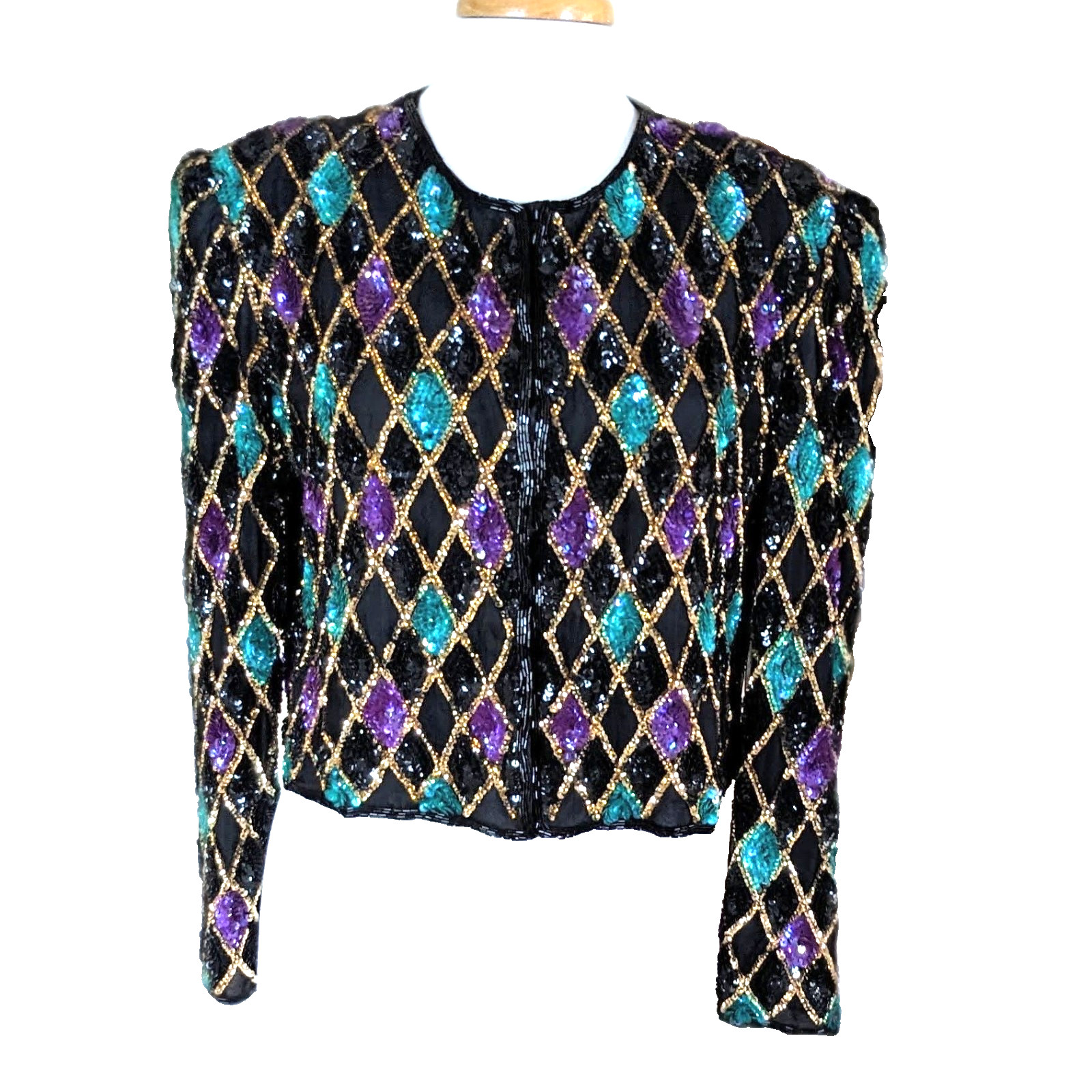 Vintage 80s Night Vogue Silk Beaded Sequin Cropped Jacket Harlequin L Glam