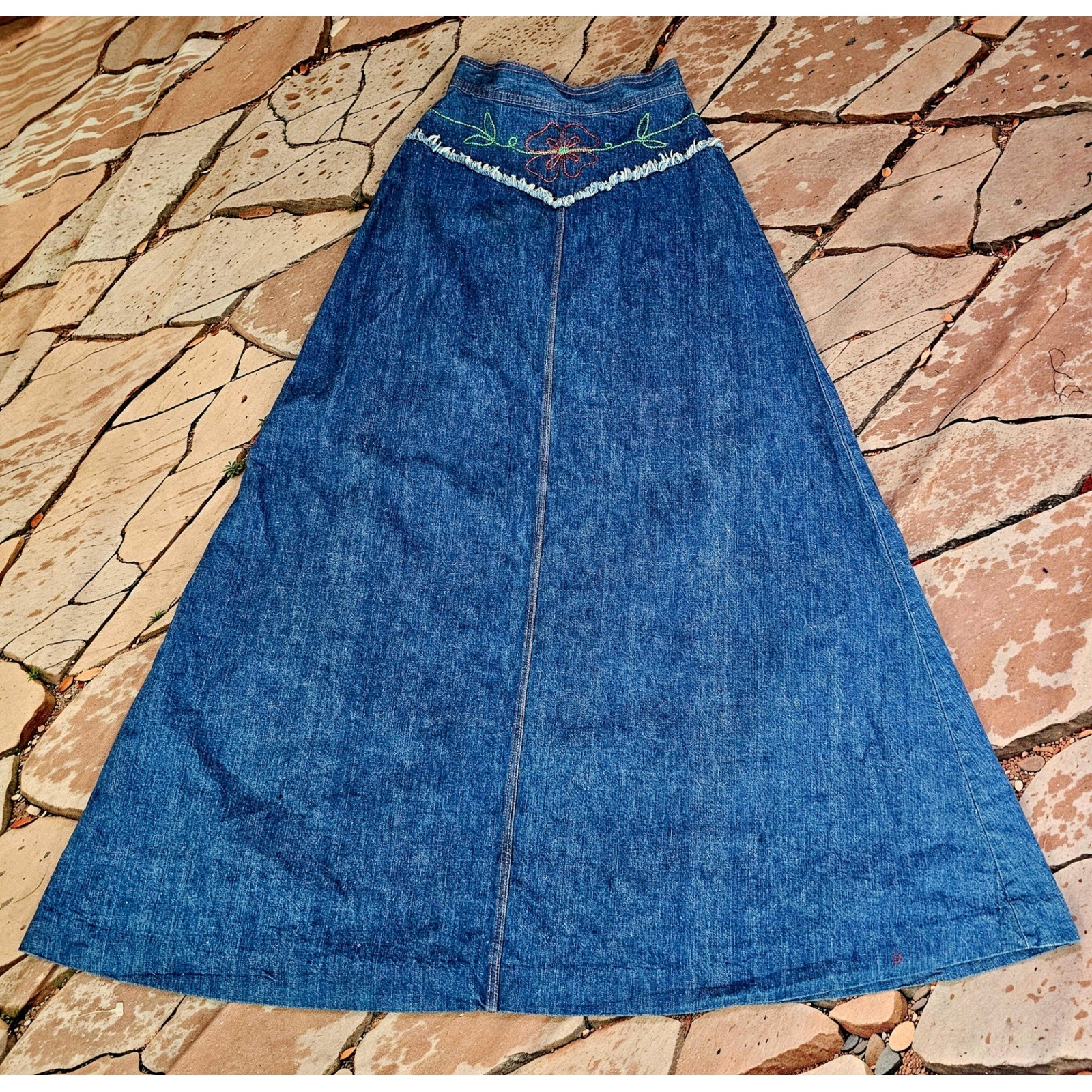 Vintage 1970s Skirt Body English Denim Maxi Embroidered Floral ILGWU USA Blue