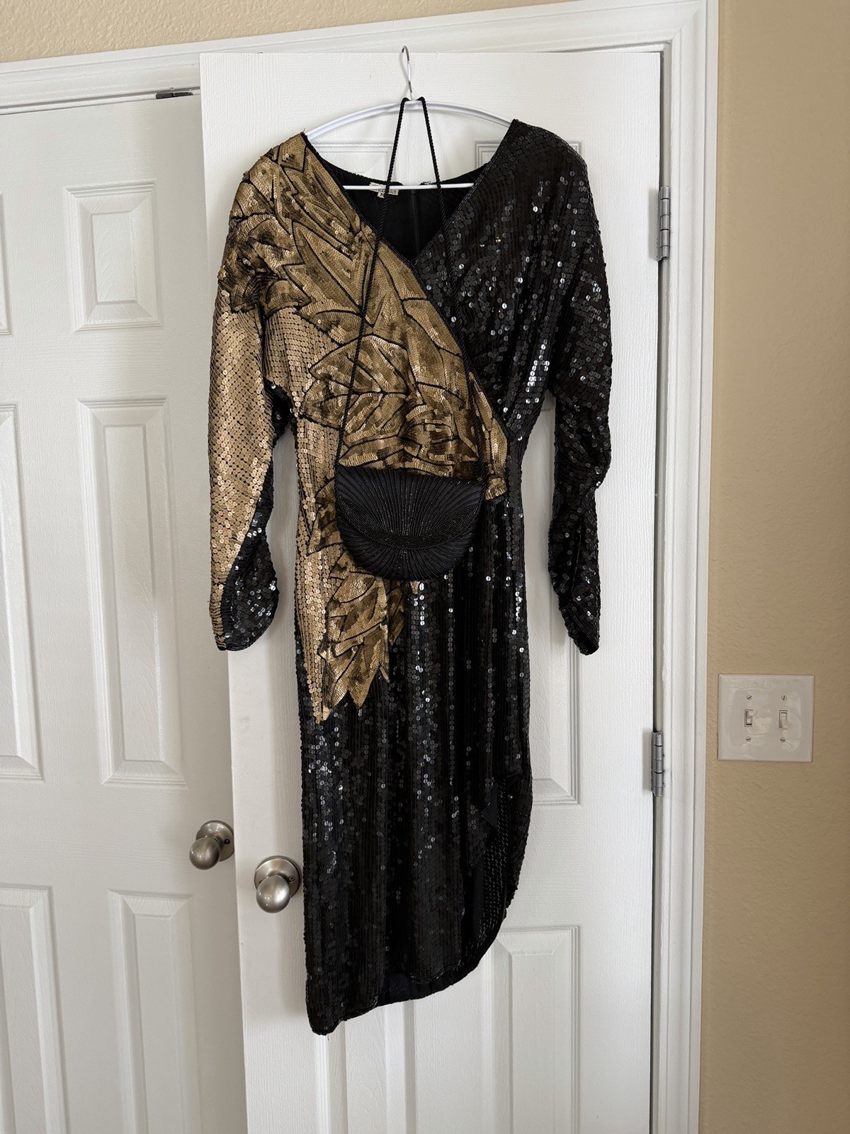 VTG Sequin Gown Dress 100% Silk 90s Black Gold Ruched V Neck Mob Wife Disco
