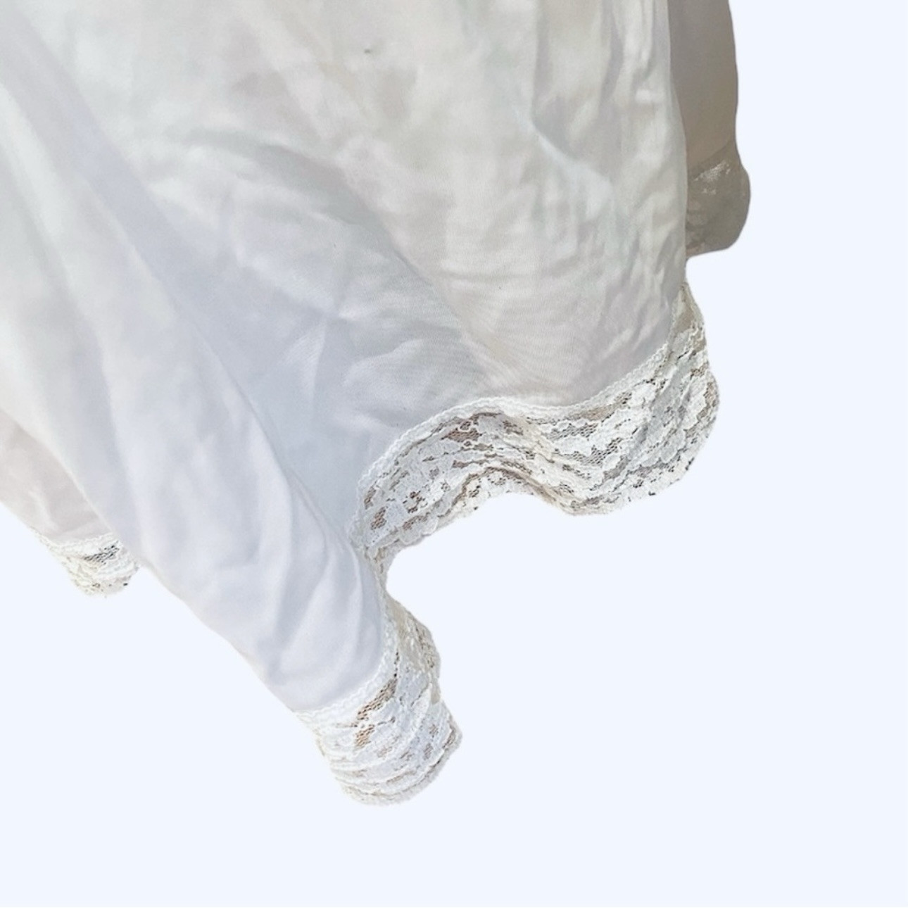 Vintage 60s White Ivory Full Slip Lace Trim Vneck M 38 Nylon