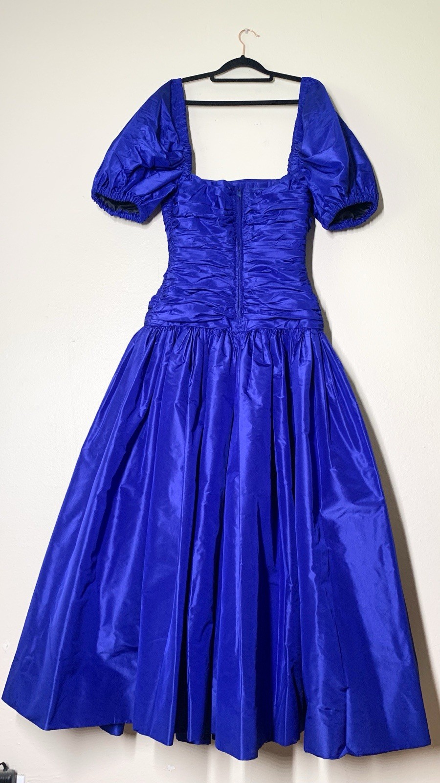 Carolyne Roehm Vintage 80s Blue Gown Evening Dress Ruched Puff Sleeve Rhinestone