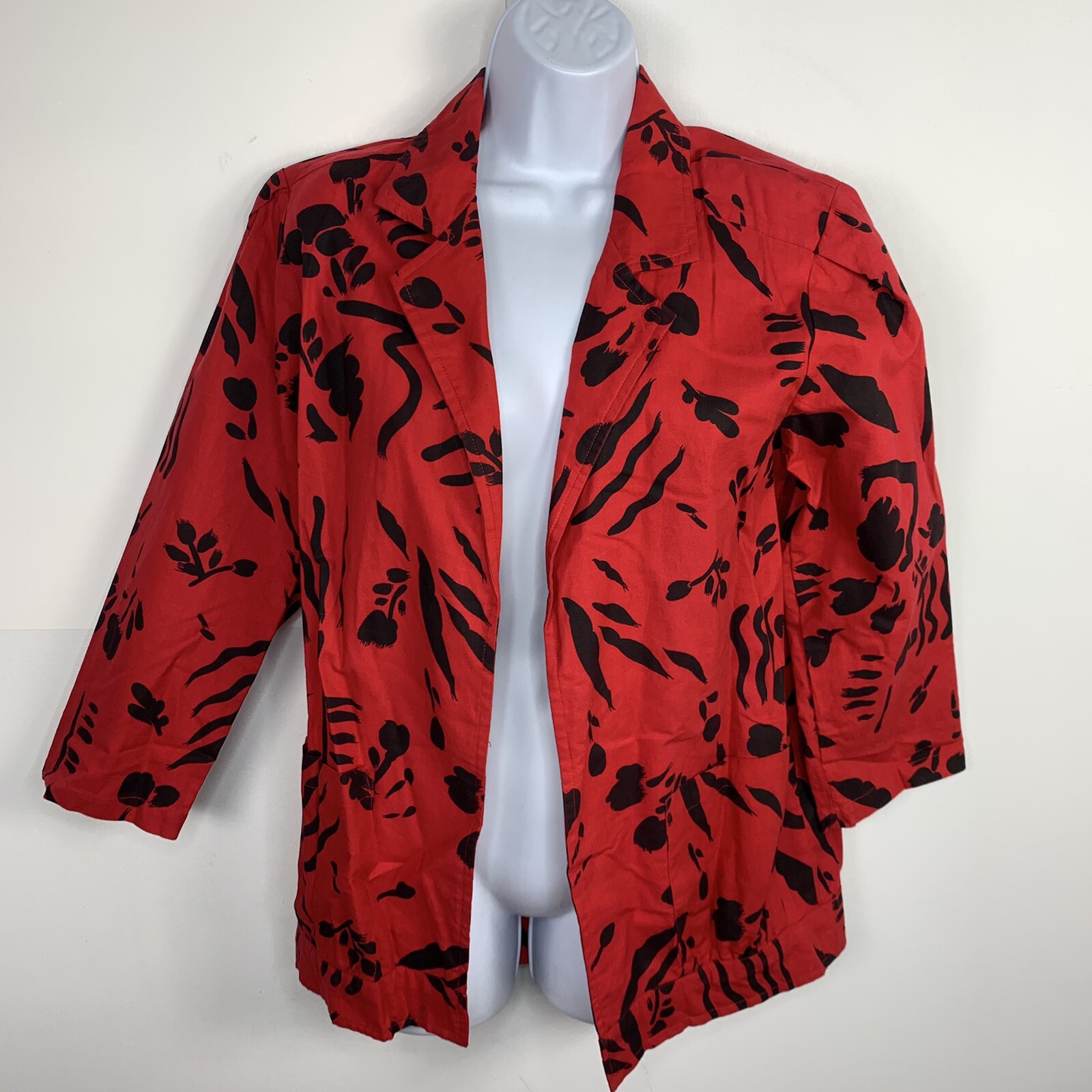 Anegadas Oriental Arts Blazer sz M Red Black Floral 90s Office Chic VINTAGE