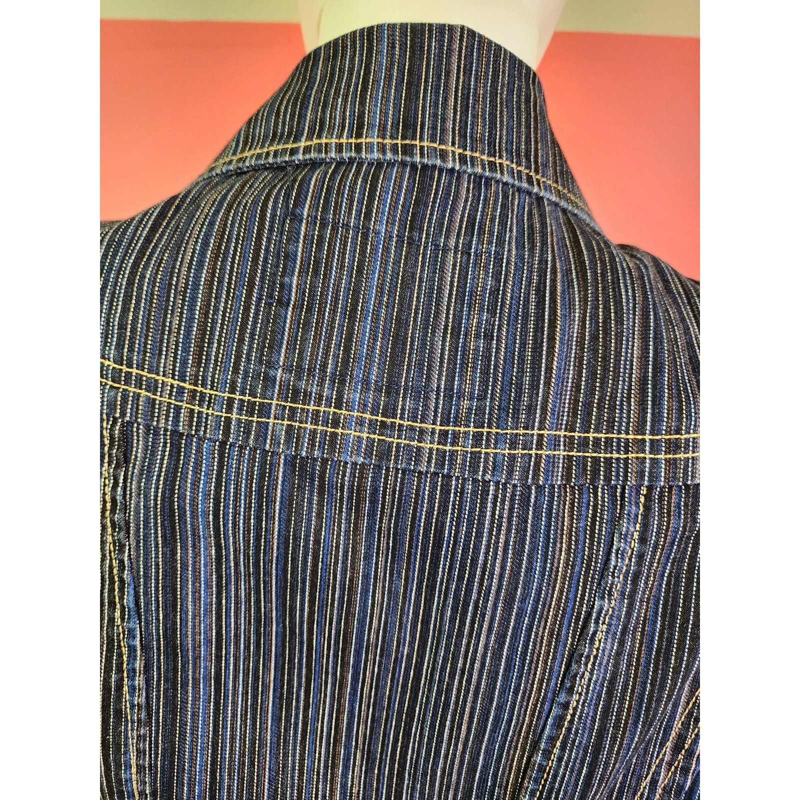 Vintage 90’s Y2K Dark Blue and Black Denim Pinstripe Zip-Up Moto Vest