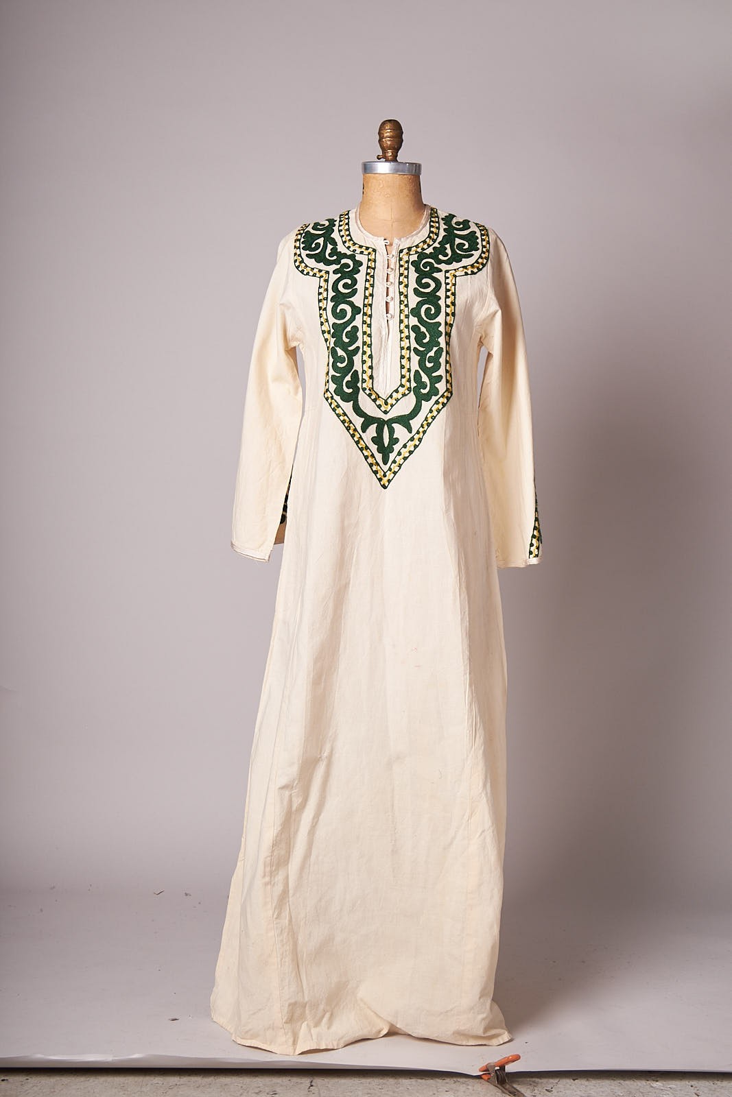 1970s Cream With Green and Gold Cord Embroidered Maxi Caftan Dress Kaftan