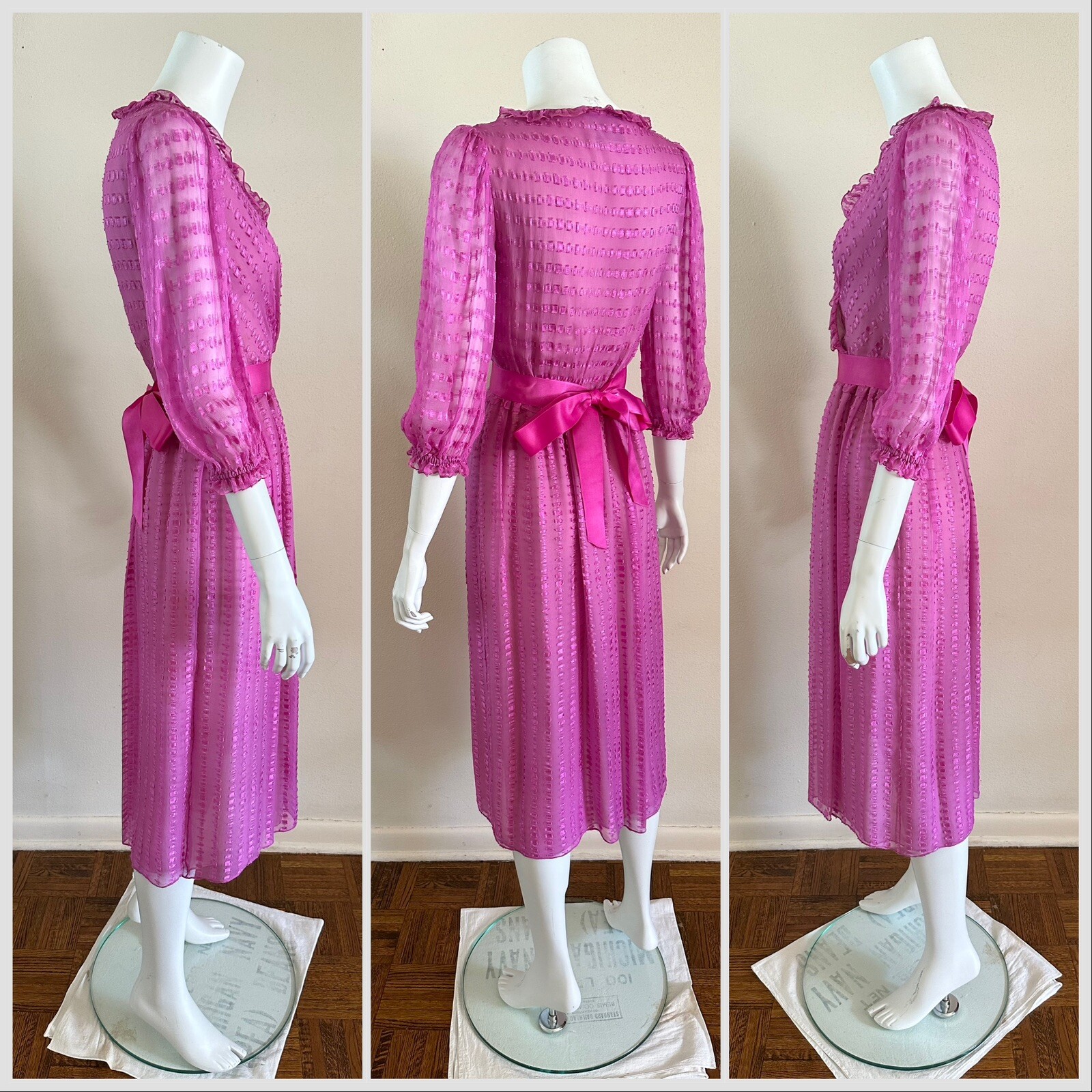 1980s Neiman Marcus Pink Sheer Ruffle Wrap Dress Ribbon Belt Petite Vintage