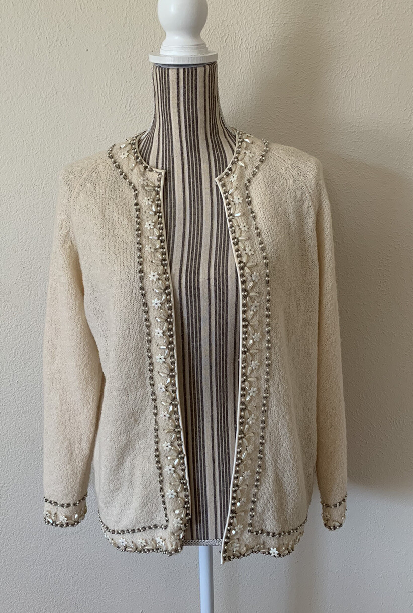 Vintage 60s Cyn Les Mid Mod Wool Beaded Preppy Retro Women’s Sweater M/L