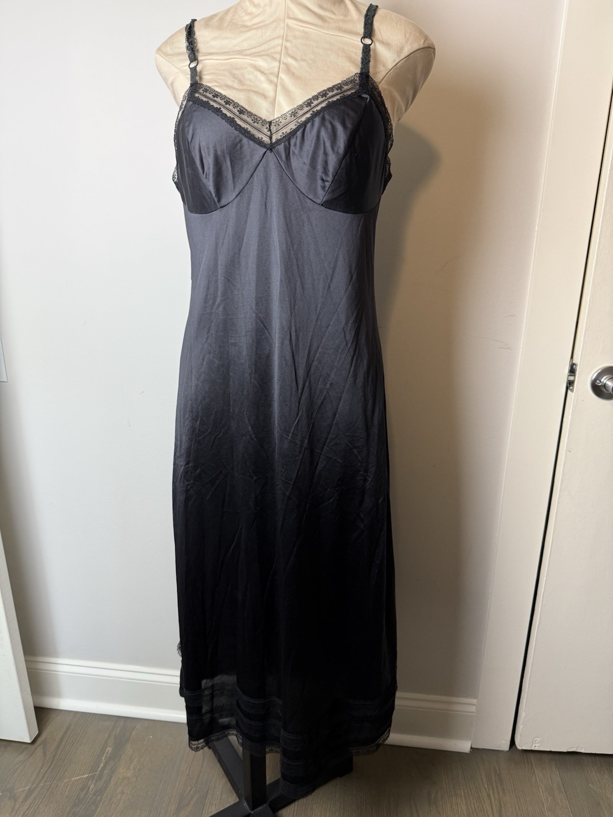 Vintage Jenelle Of California Slip Black Lingerie Nightgown Satin Lace Trim
