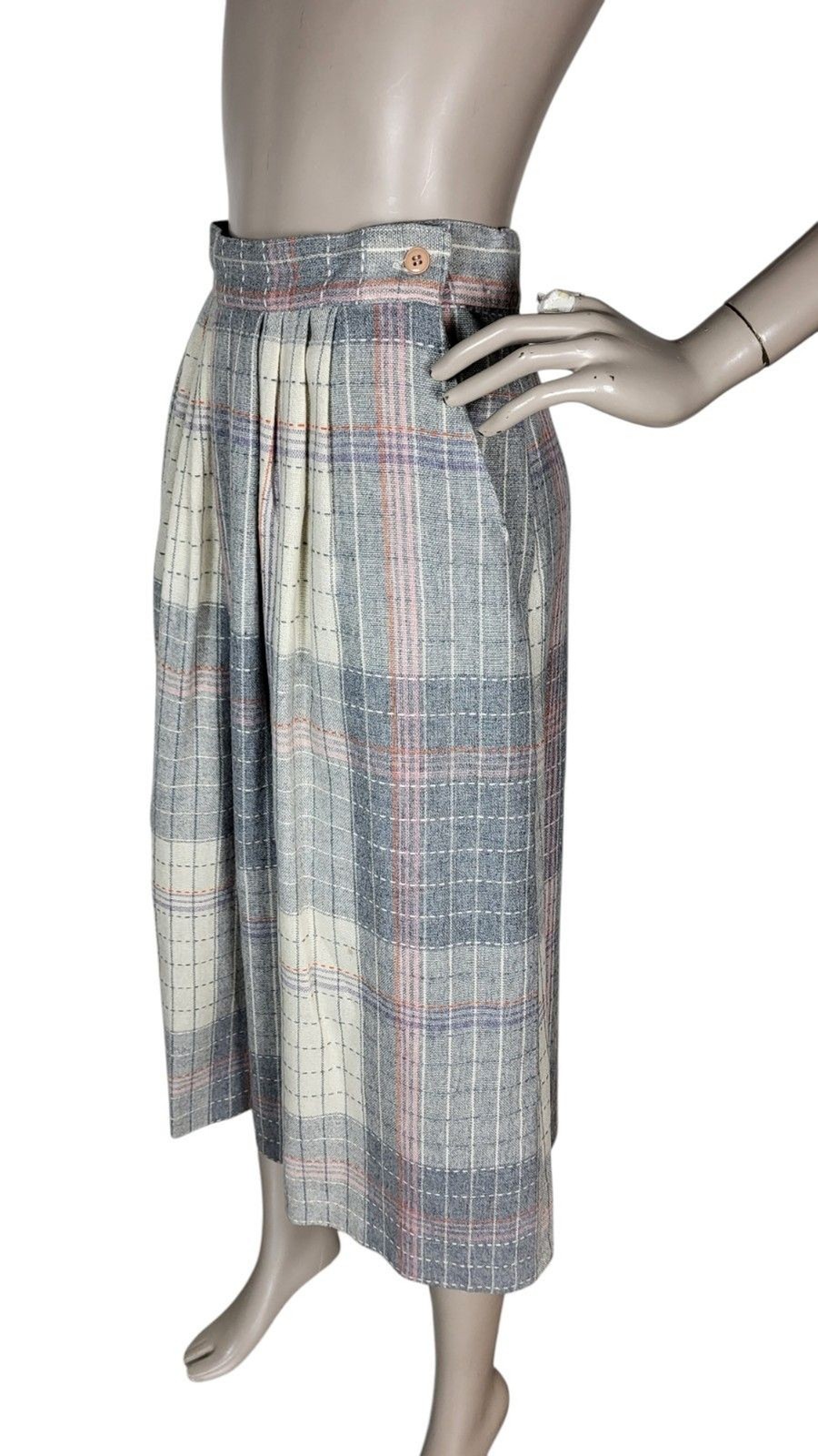 VTG 70s Wool Blend Grey Pink Plaid Tweed Midi Secretary Academia Librarian Skirt