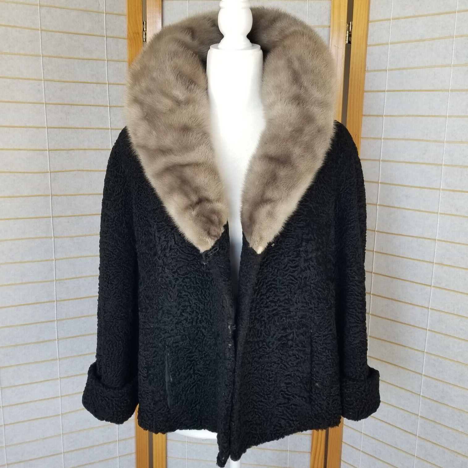 Vintage Black Wool and Mink Coat Short Opera Jacket Size M/L 1950s/60s FLAW