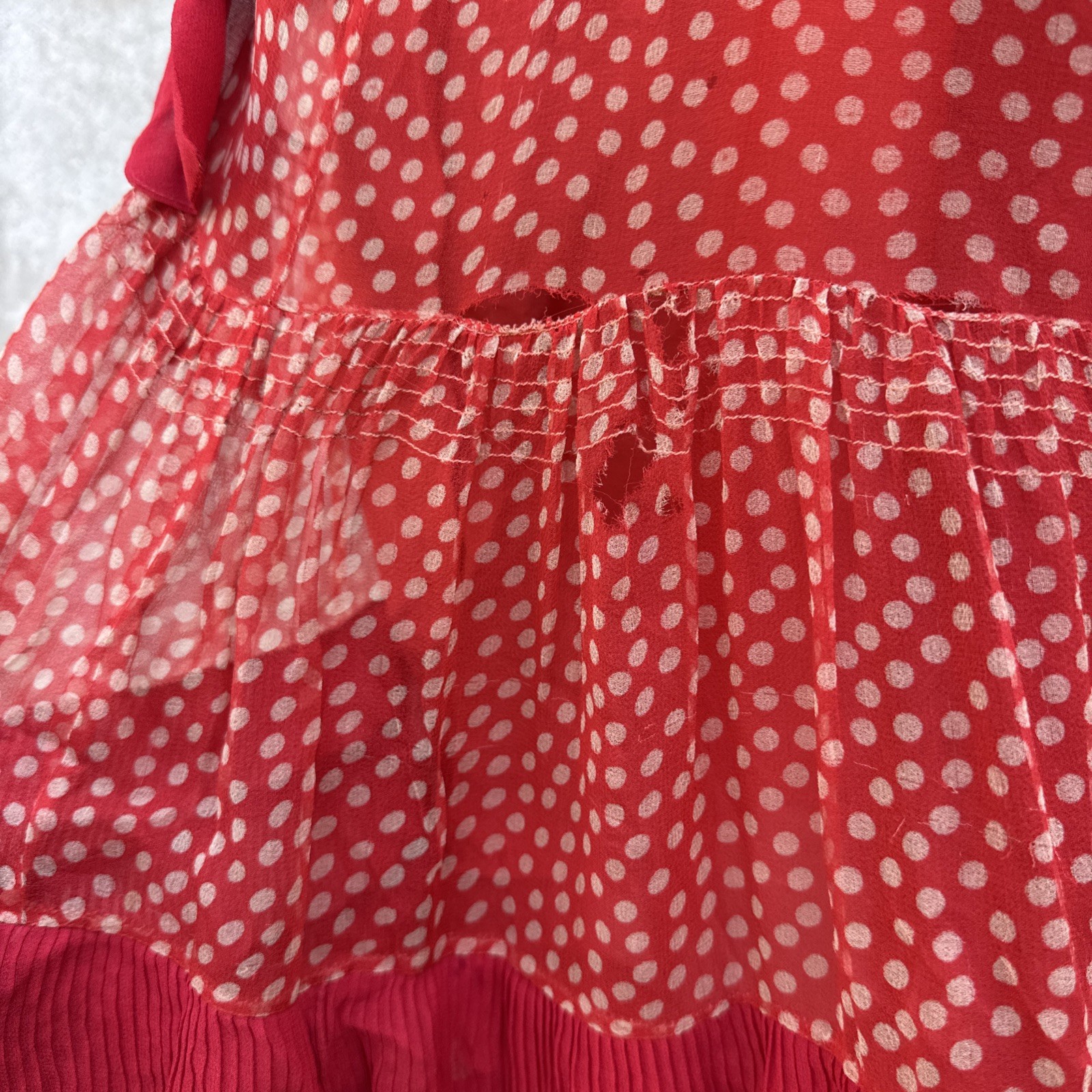 Antique 1920s Red Silk Chiffon Dress Polka Dot Asymmetrical Bow Marjone Vintage