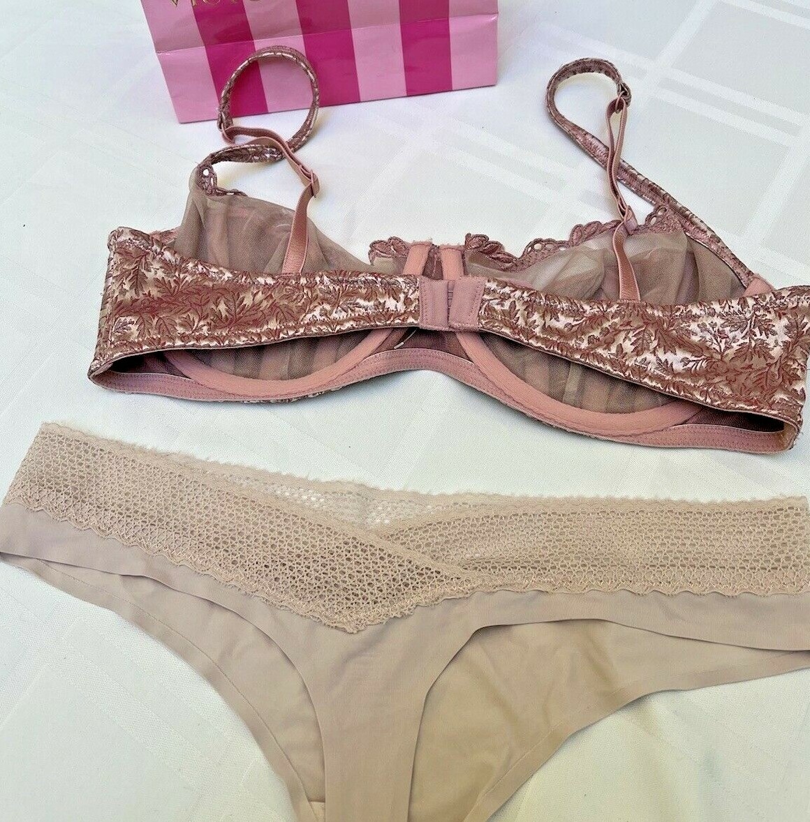 Vtg Victorias Secret Bra Satin Pink Brocade Textured Leaf Y2K + Free Panty M 36C