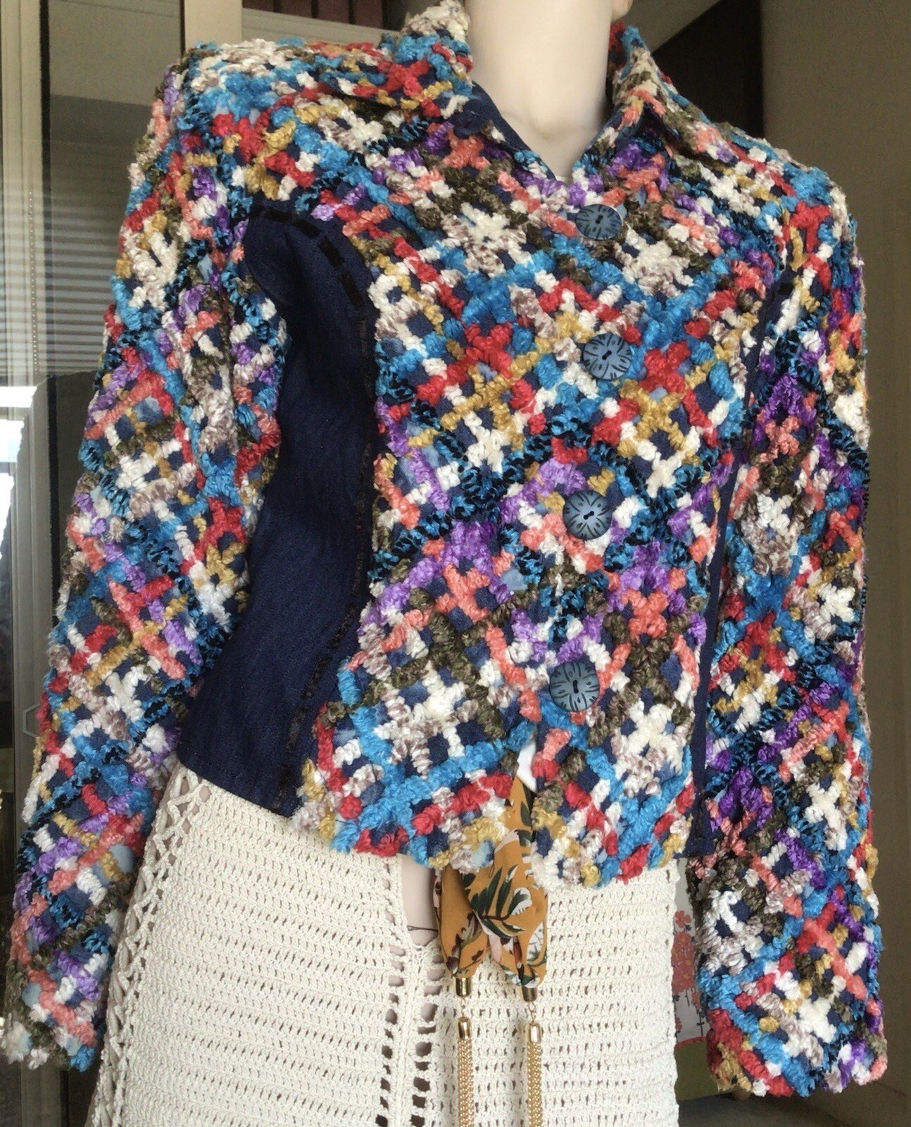 Vtg 90s Sandy Starkman (USA) Denim Chenille Candlewick Tufted Jacket XS