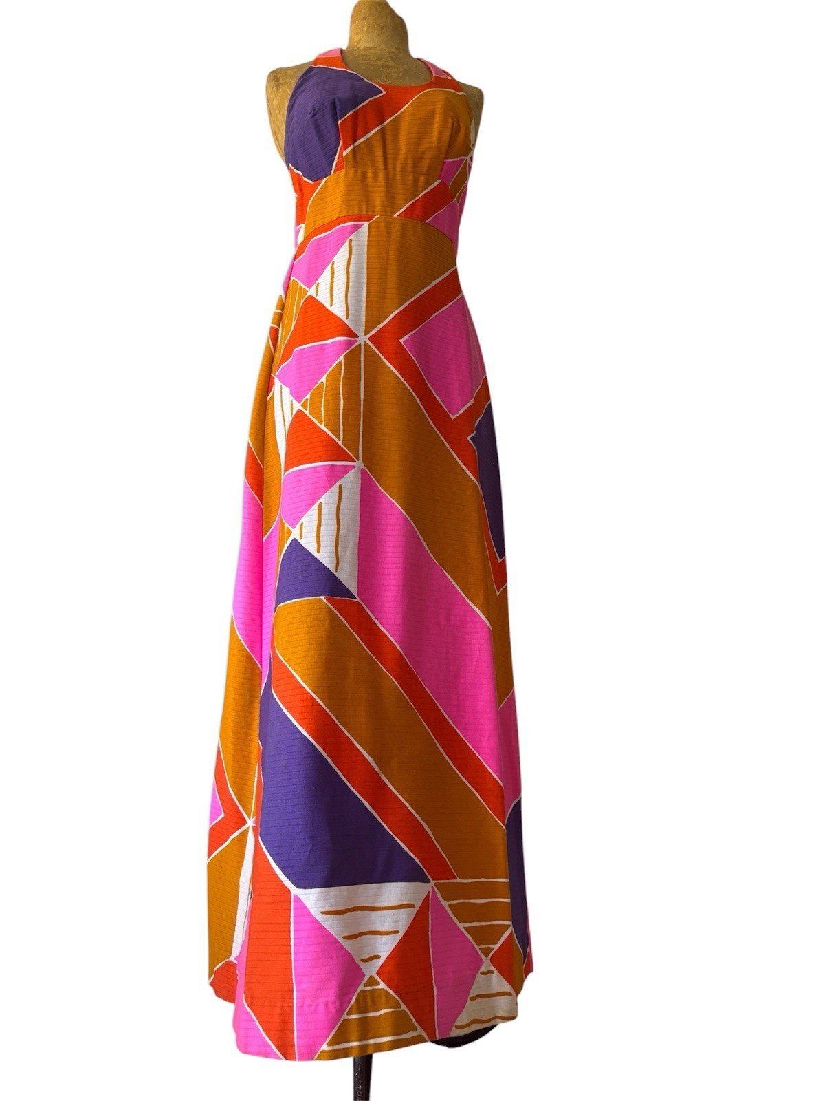 70s Vintage Malia Honolulu Pink Orange Purple Cotton Maxi Sundress Dress
