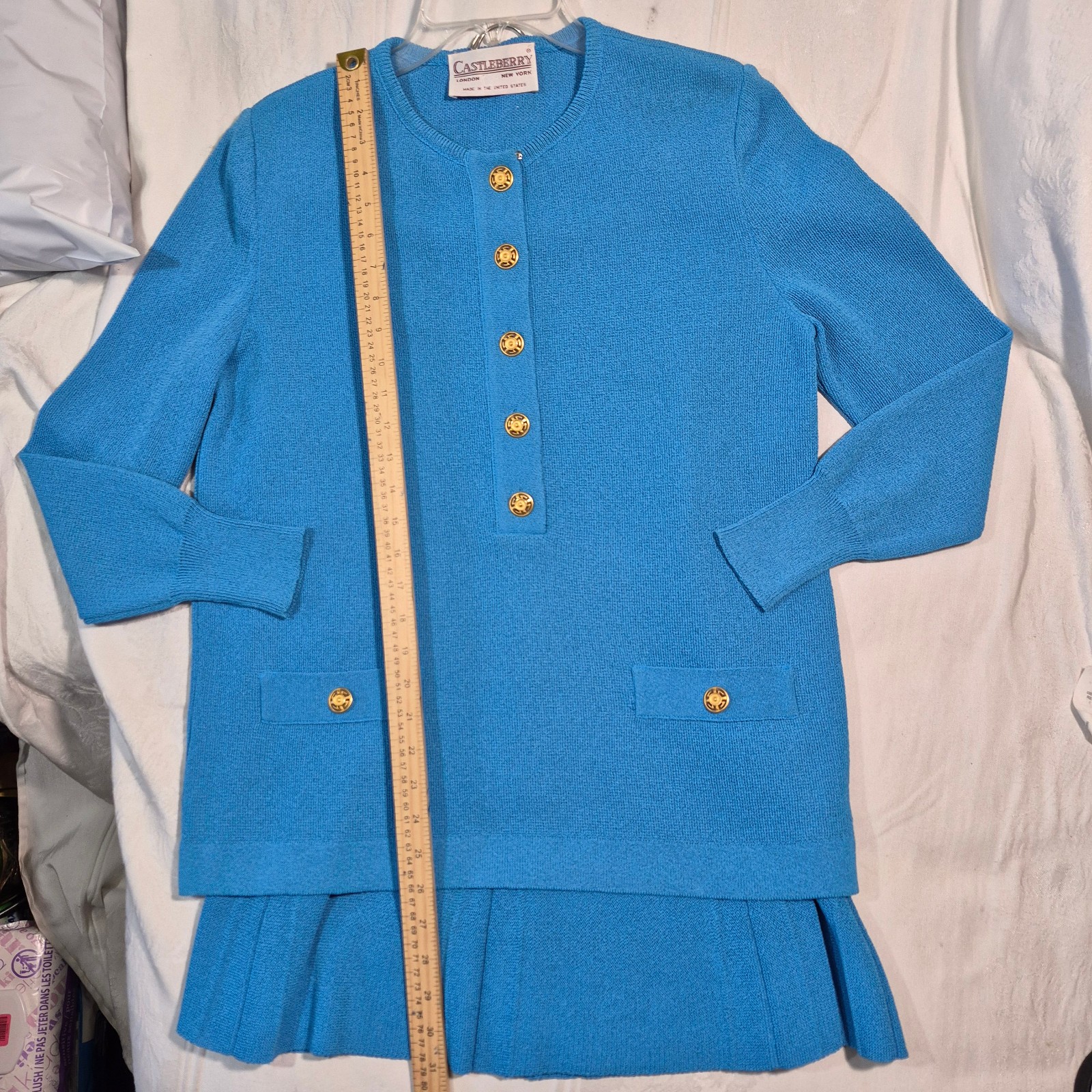 Vtg Castleberry Knit Skirt Suit Set Womens 14 Royal Blue Gold Button 80s MINT
